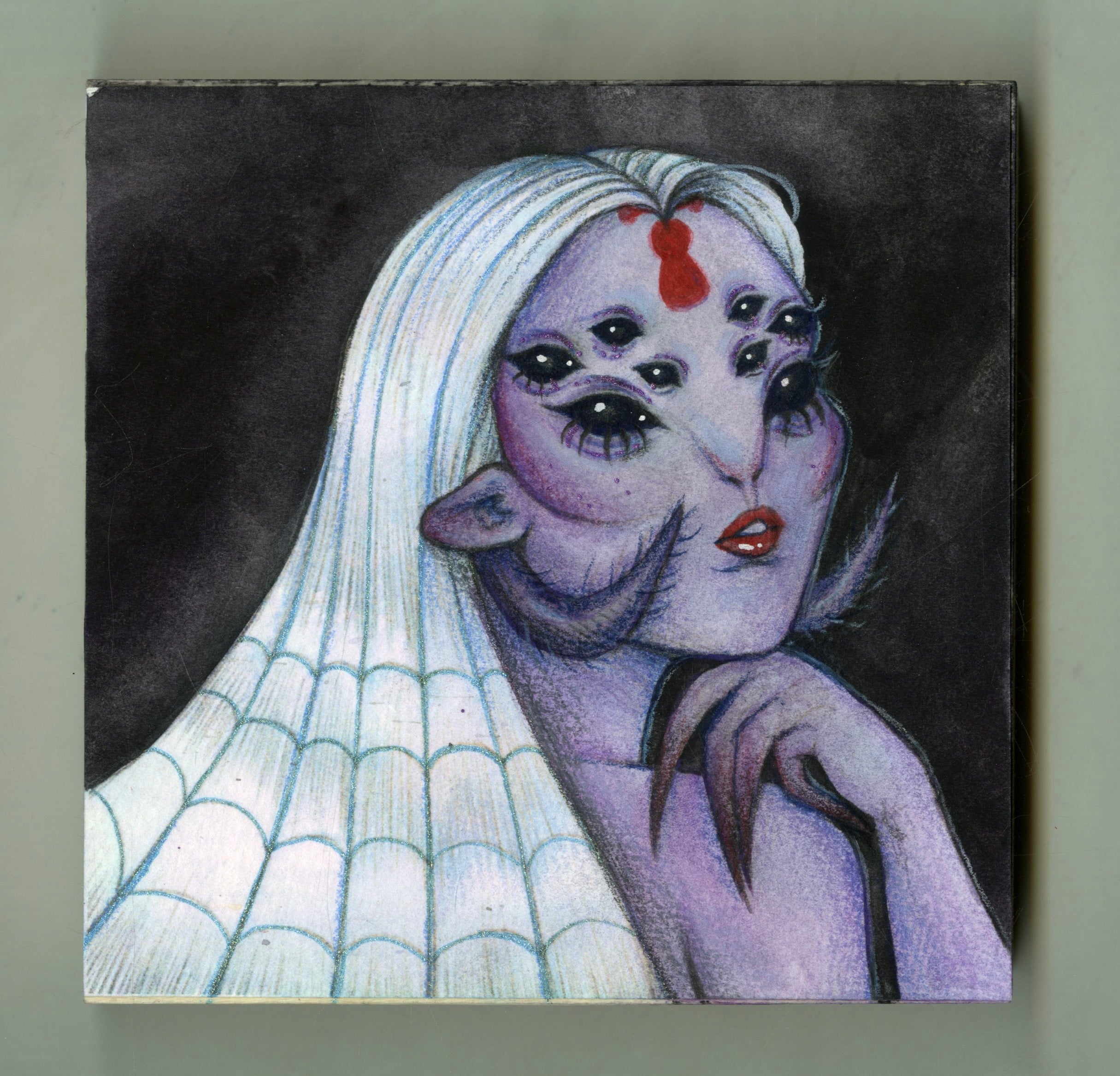 Artistic depiction of a character with white hair and purple skin, wearing a headscarf, on a dark background.