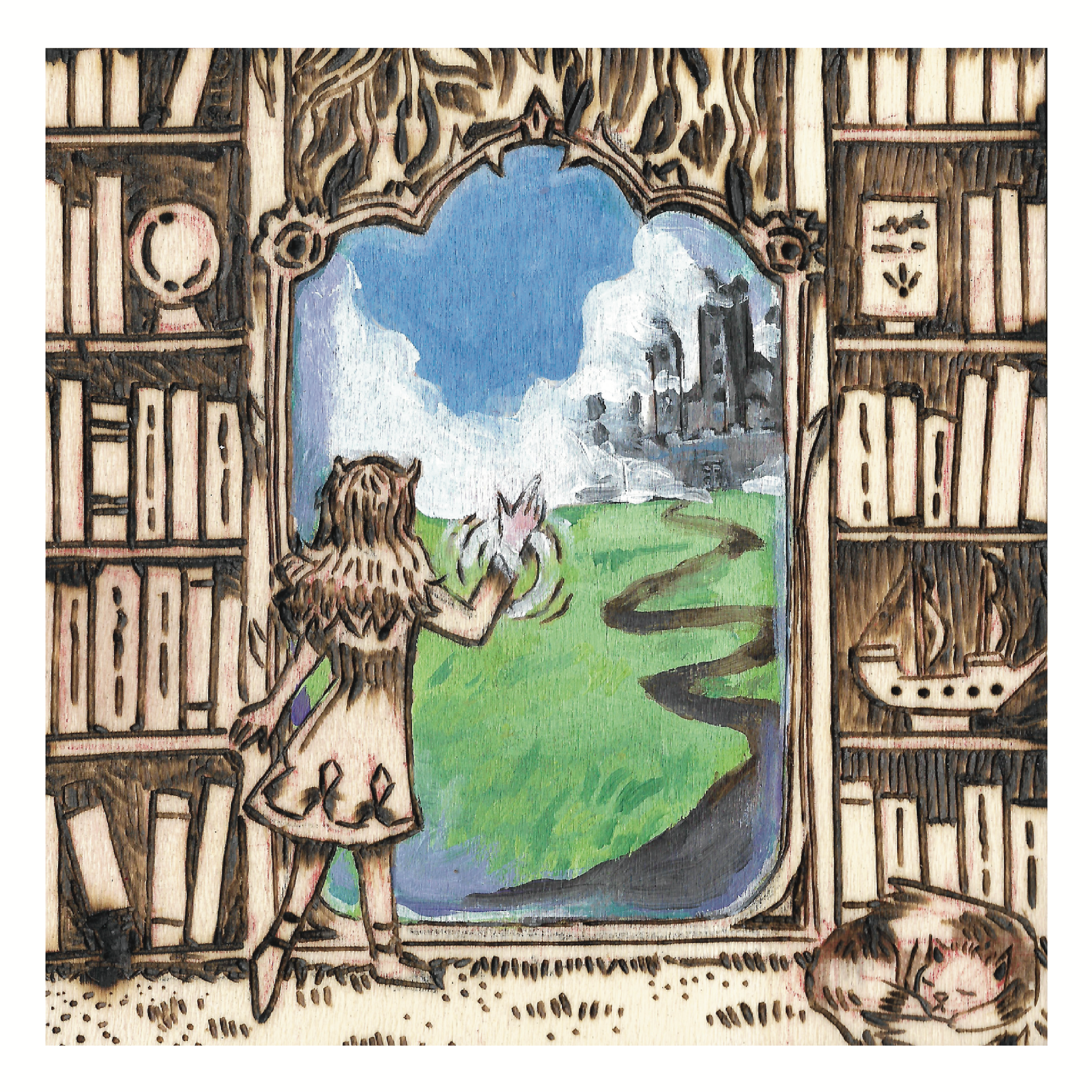 Illustration of a girl with a cat looking out a window into a fantasy landscape, surrounded by bookshelves.
