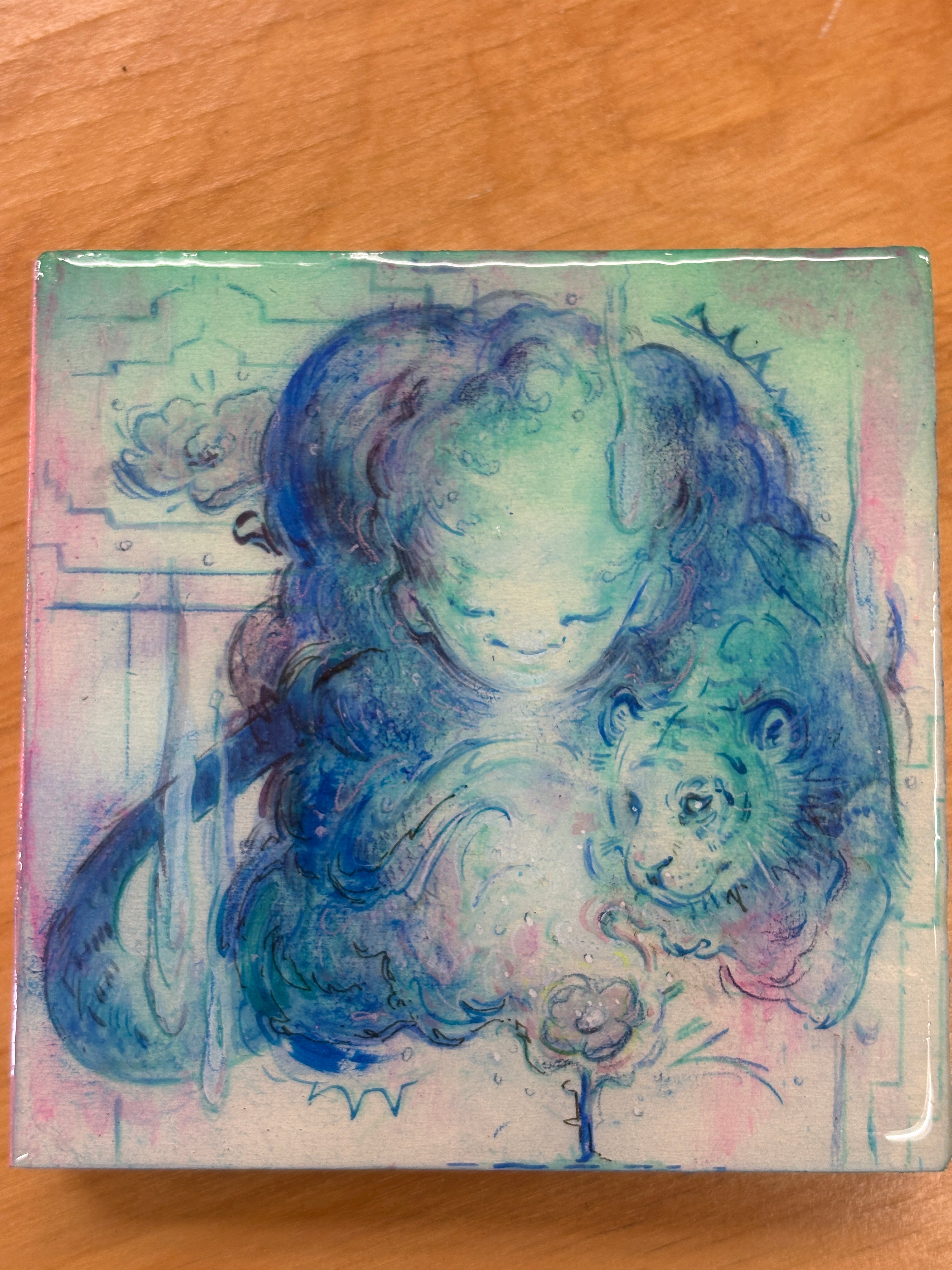 Colorful abstract art on a wooden surface