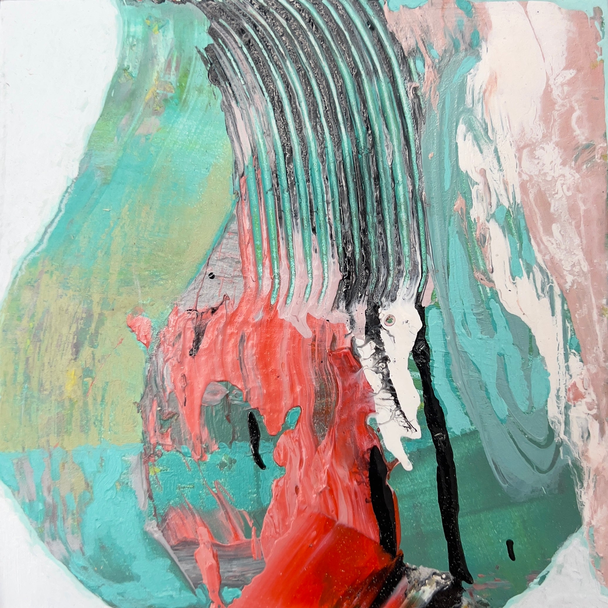 Abstract art with splashes of red, green, and black on a white background