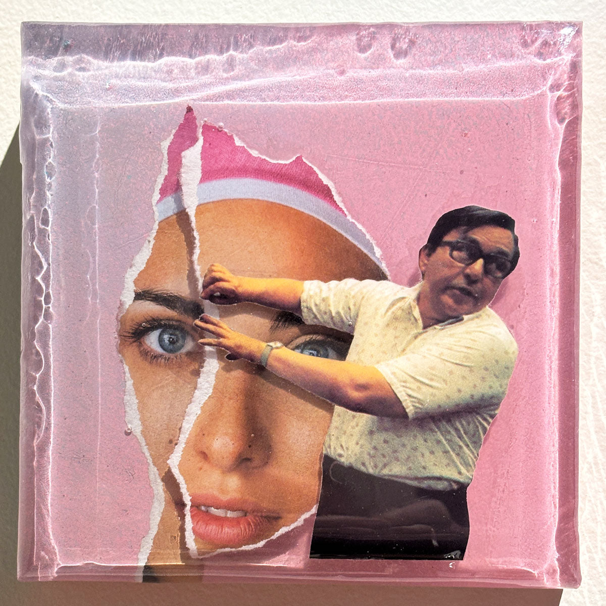 Collage of a woman's face and a man in a white shirt with a pink border.