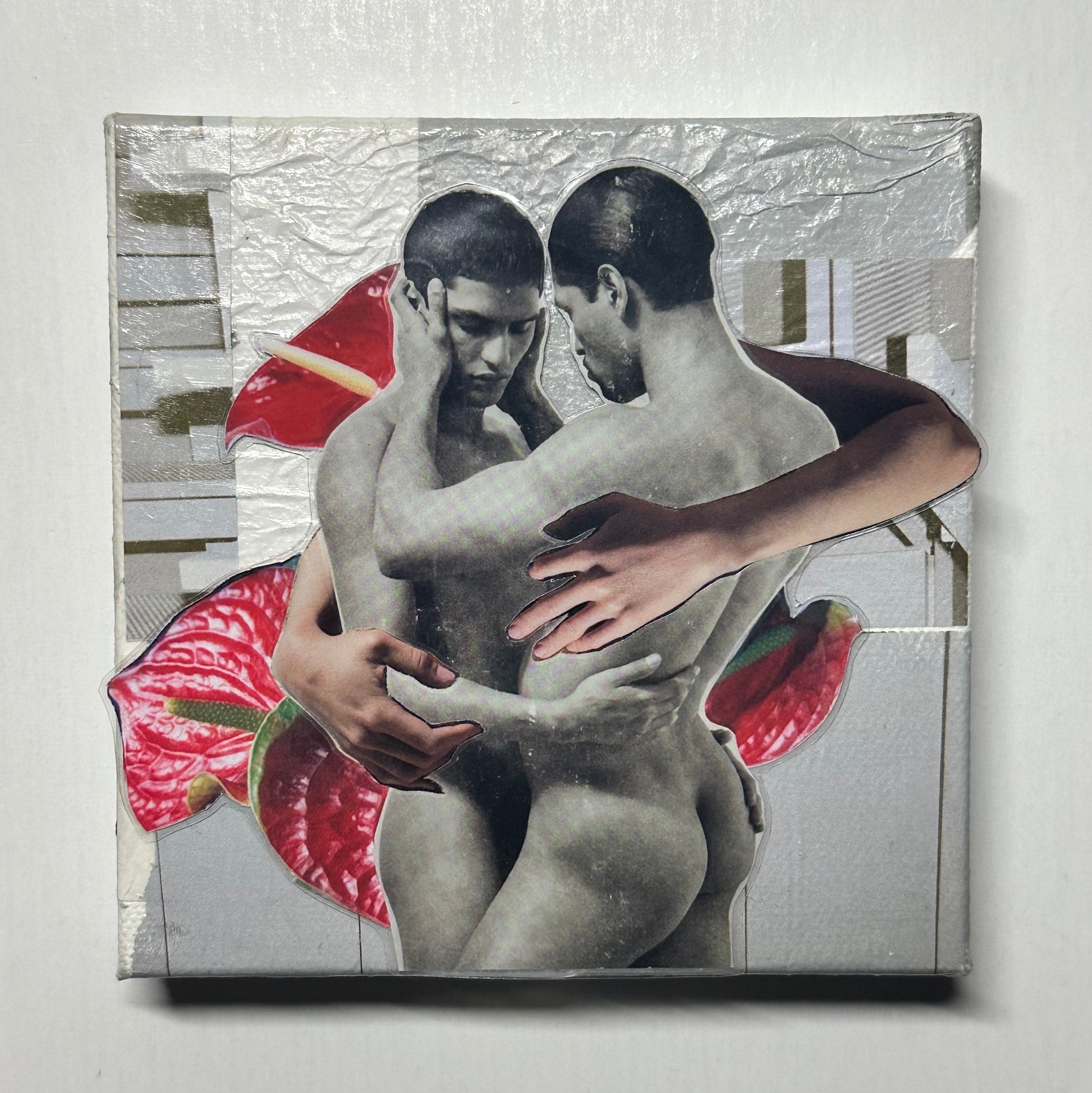 Collage of two nude figures embracing with watermelon slices and a wooden background