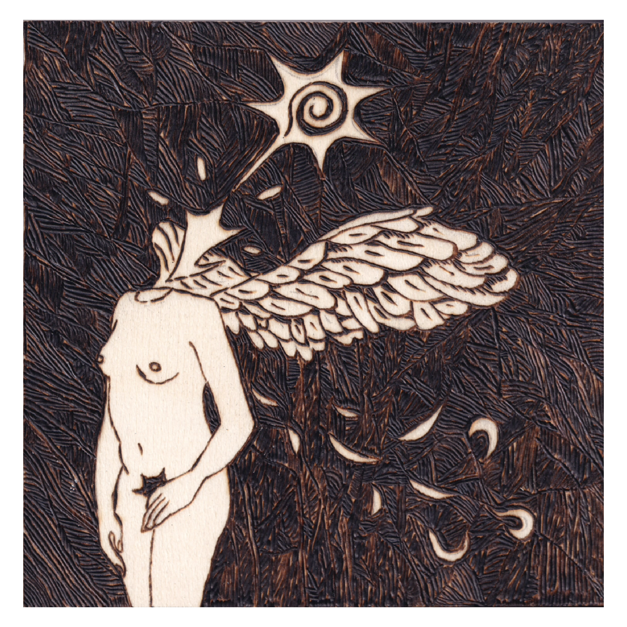 Artistic depiction of a nude figure with angelic wings against a dark, textured background.