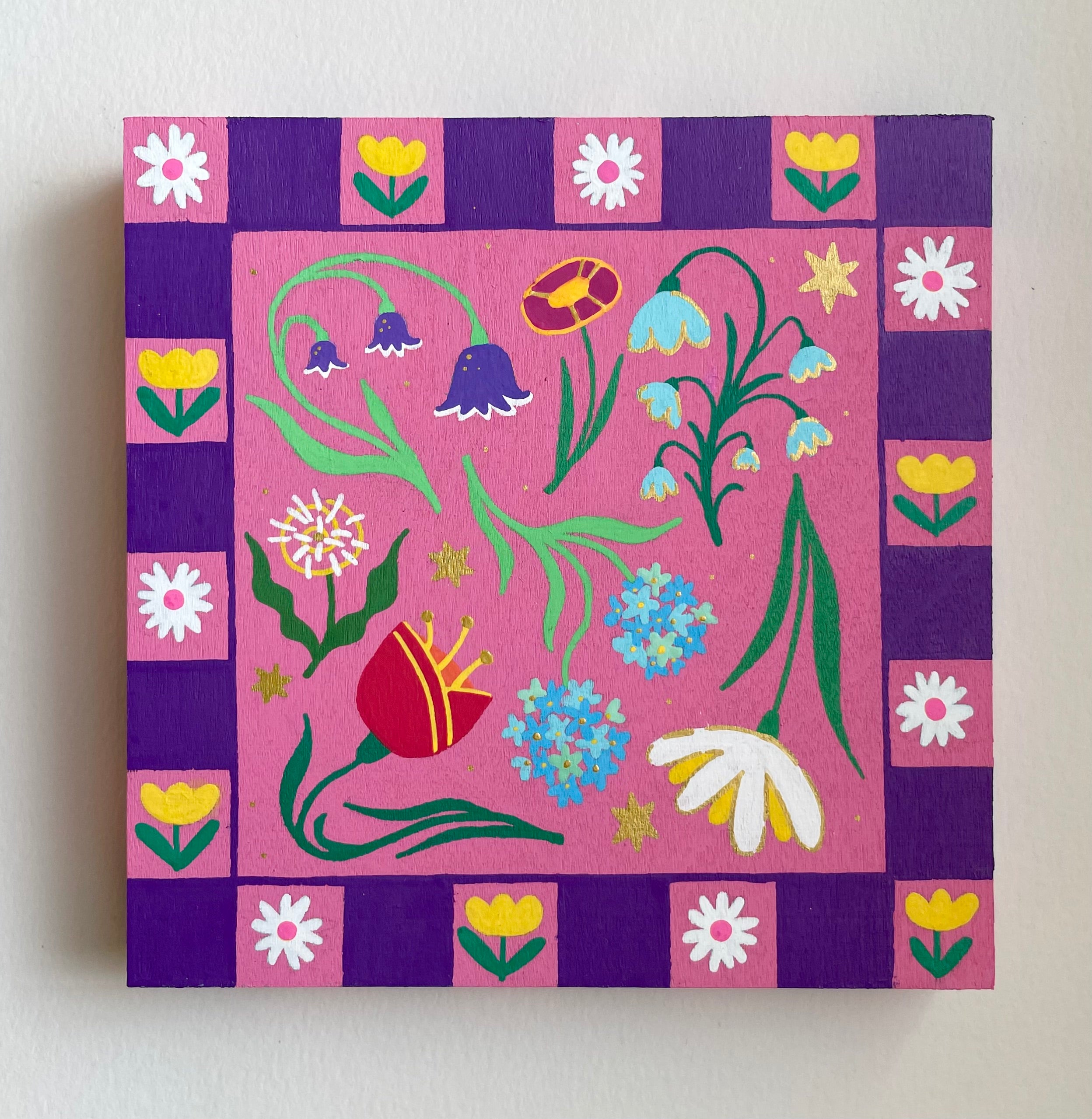 Canvas painting with floral design on a pink and purple checkered background