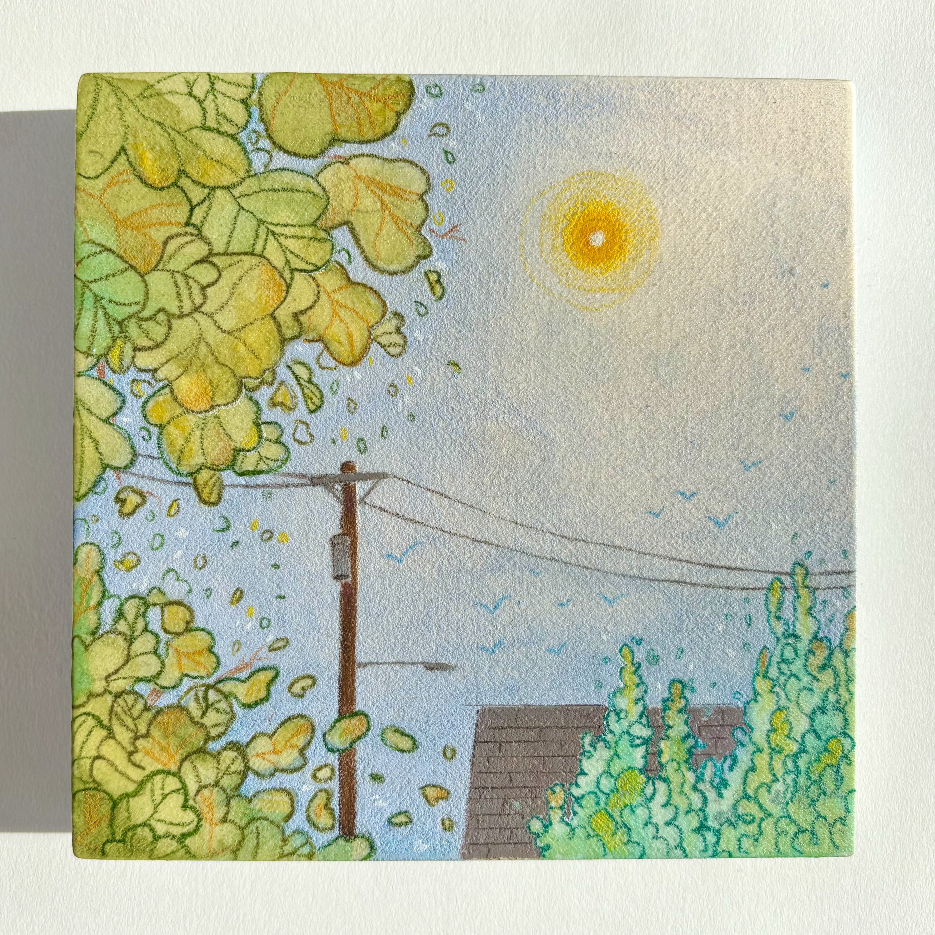 Illustration of a sunlit scene with trees, power lines, and a house.