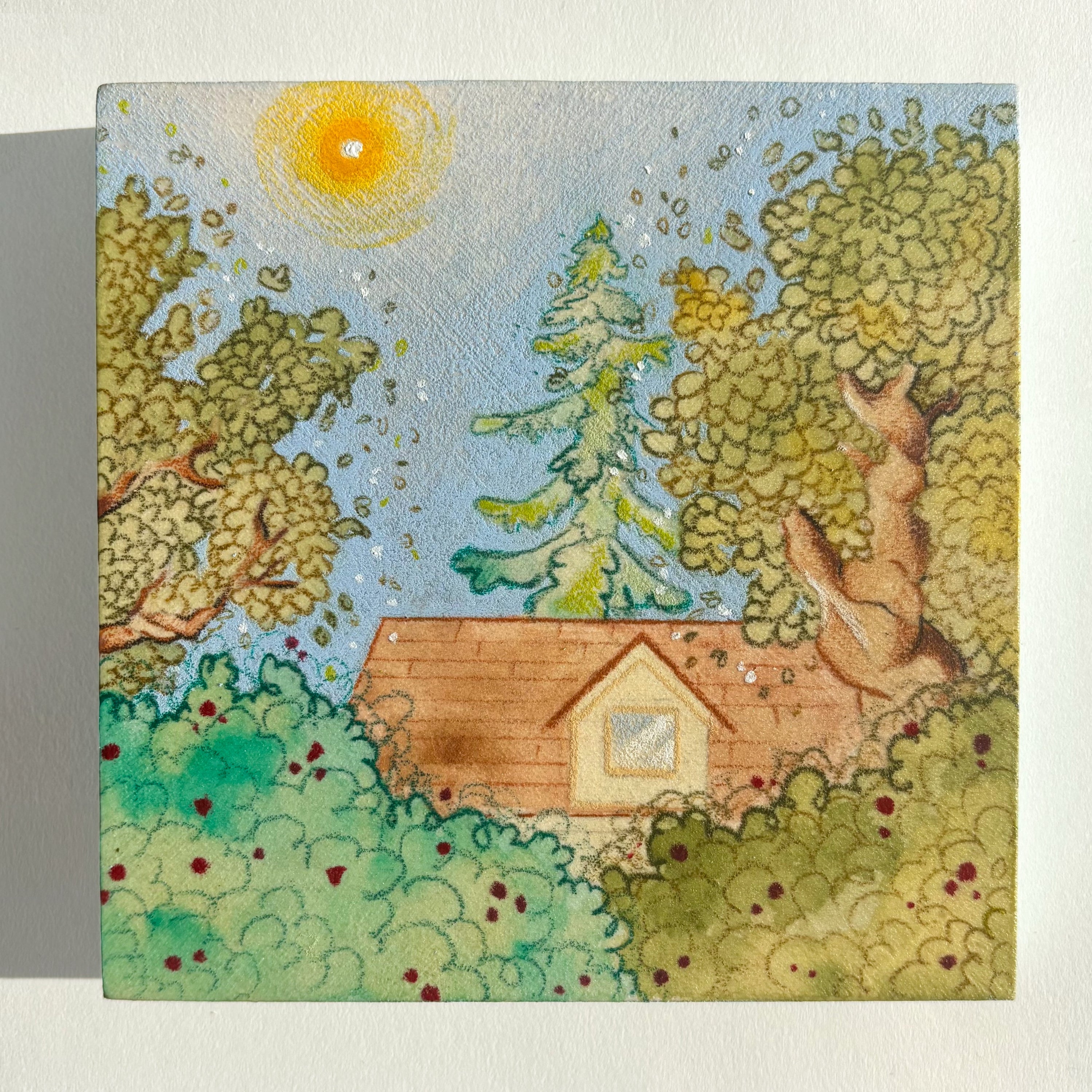 Illustration of a small house surrounded by trees and animals on a textured background