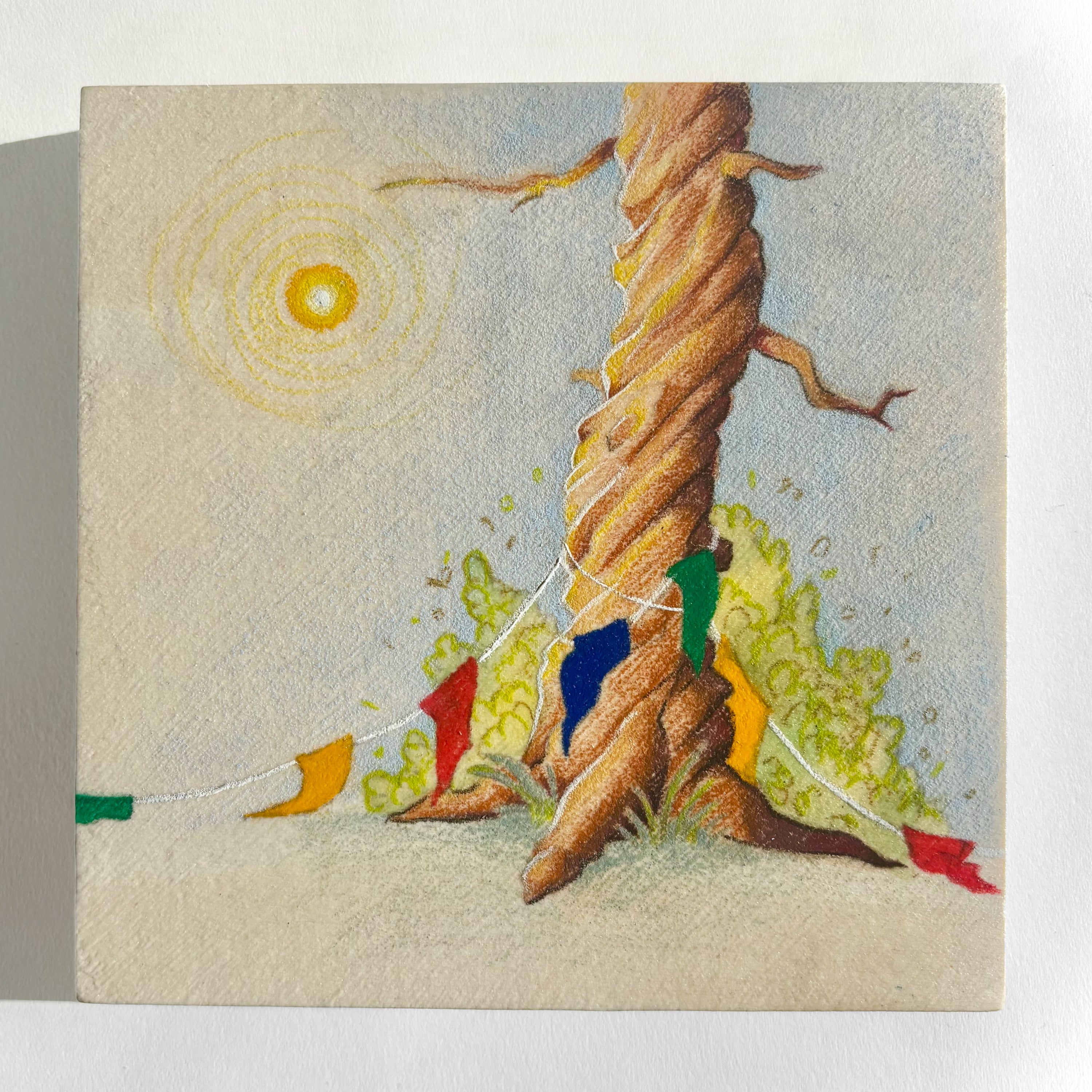 Artistic depiction of a twisted rope with colorful flags against a textured background