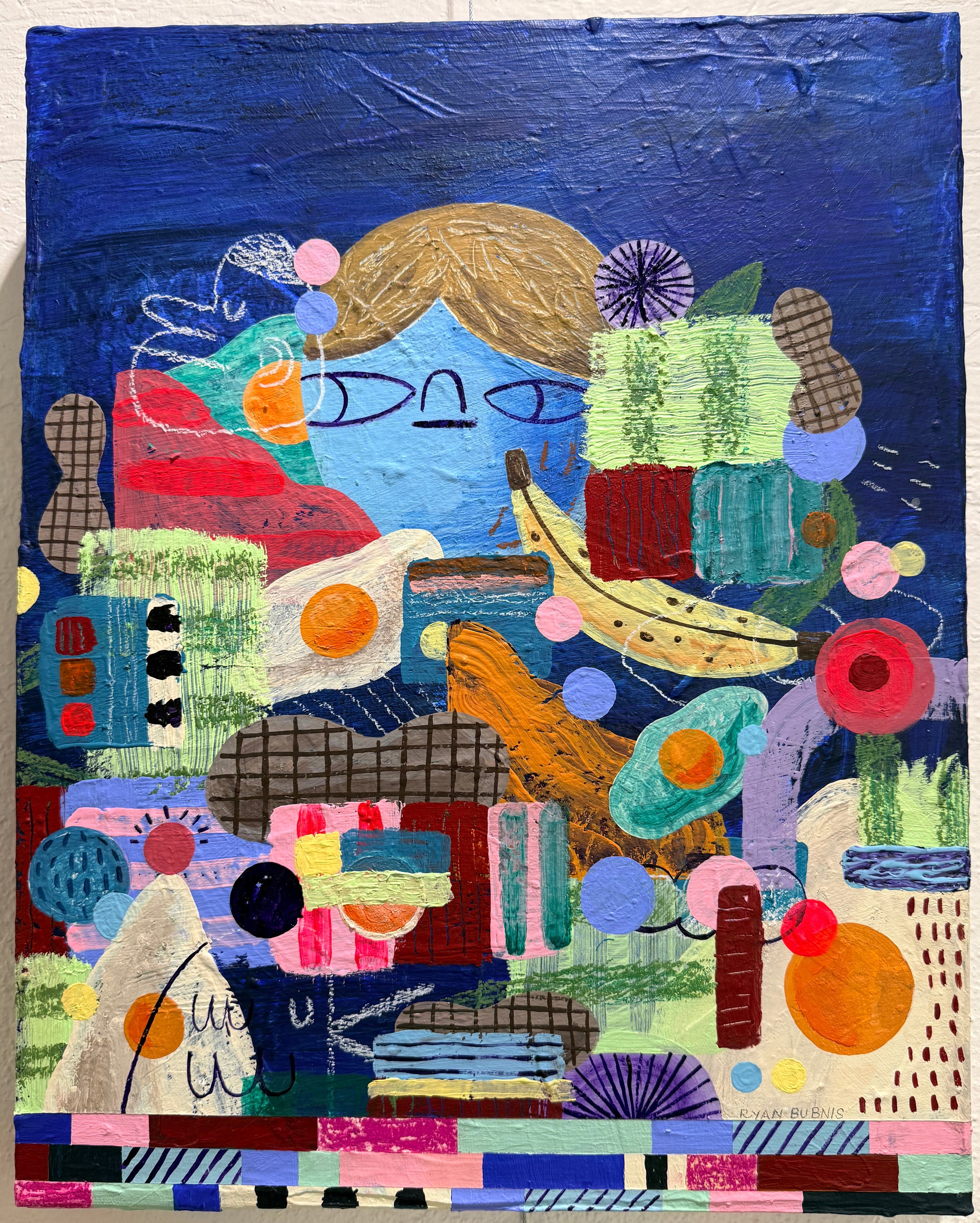 Colorful abstract art piece on a textured surface