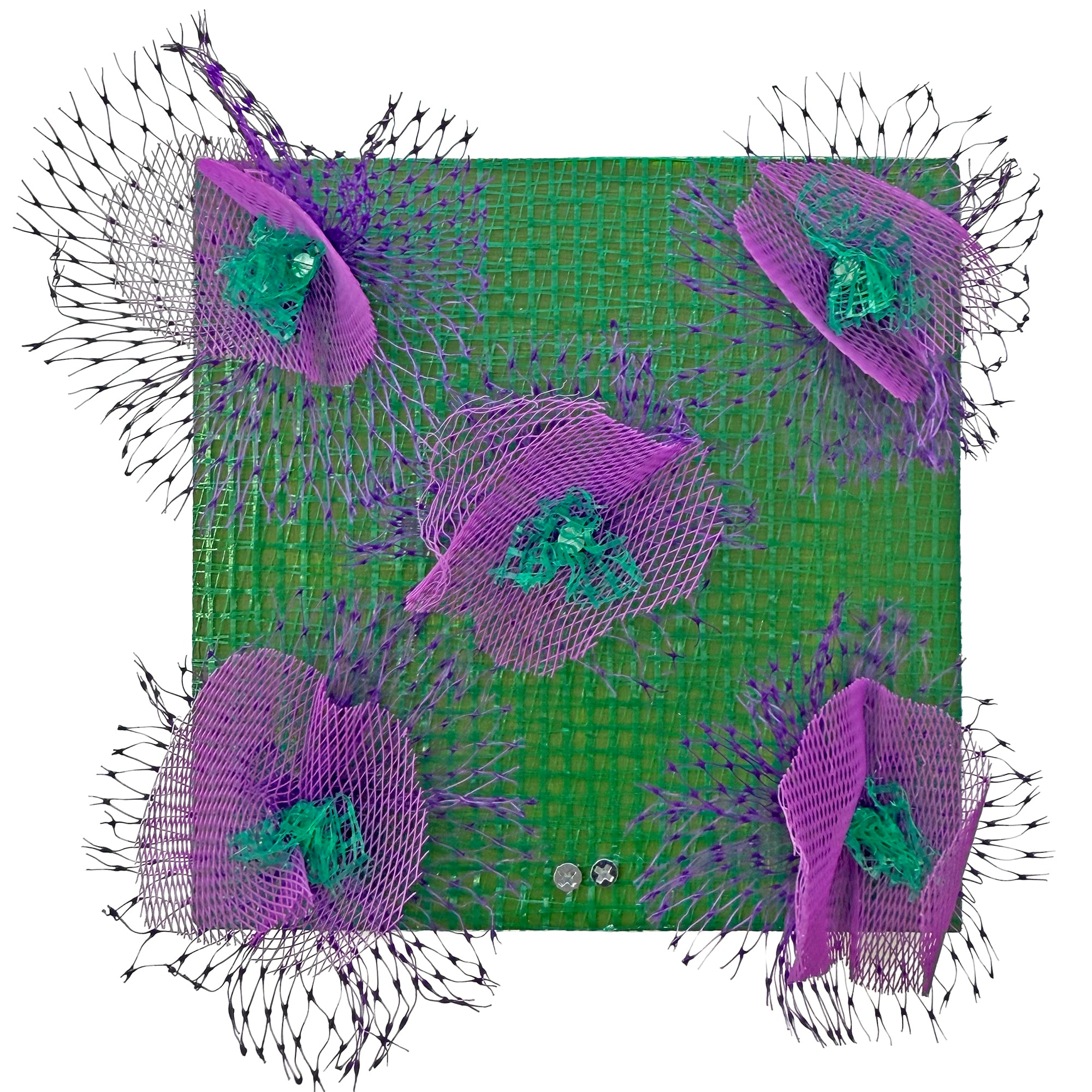 Decorative green fabric with purple floral patterns and black netting on a white background