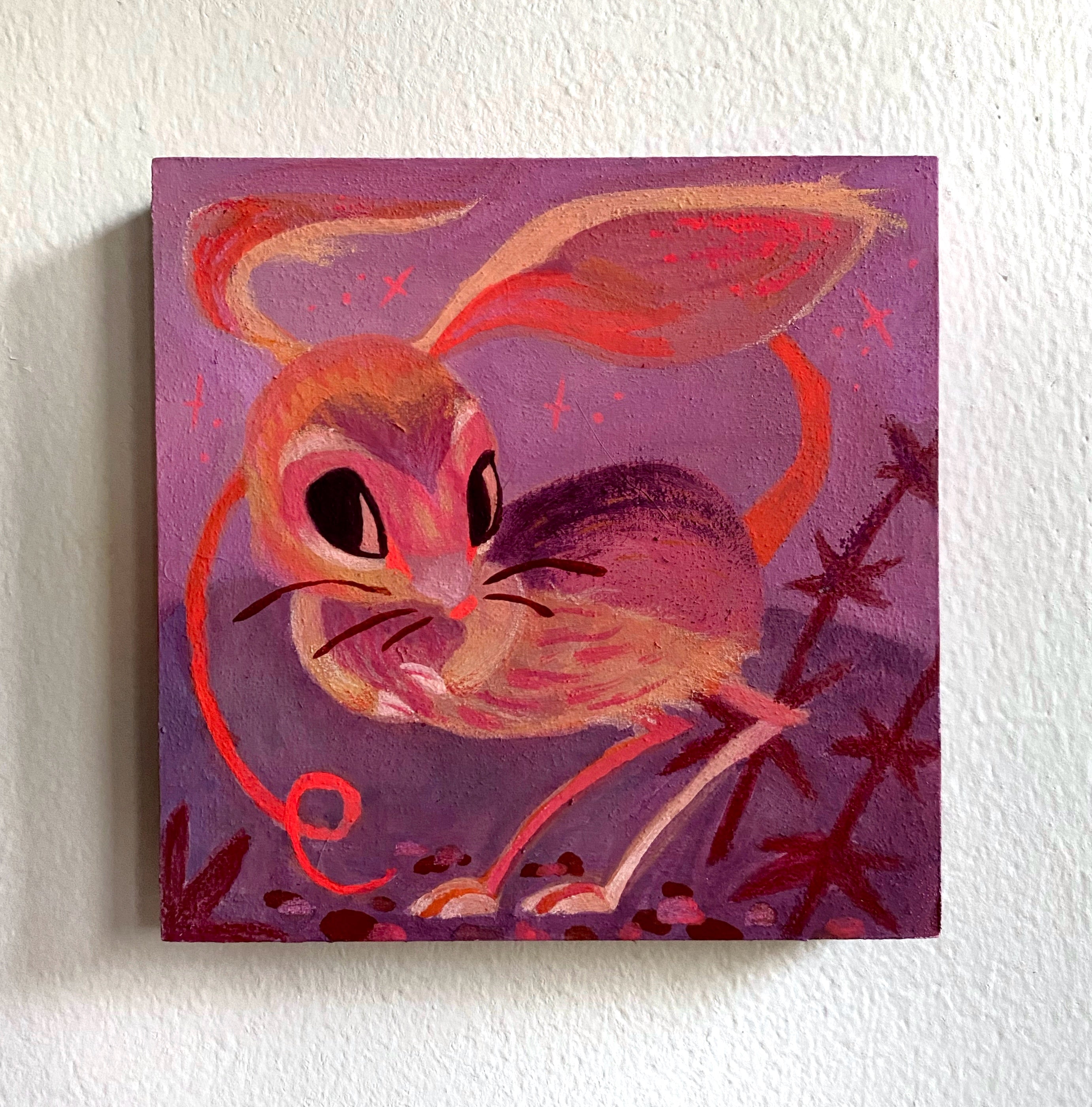 Painting of a stylized mouse with red ears on a purple background