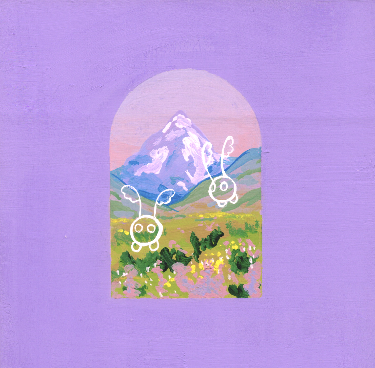Illustration of a rabbit with bunny ears in a field, framed by mountains and a purple arch on a purple background.