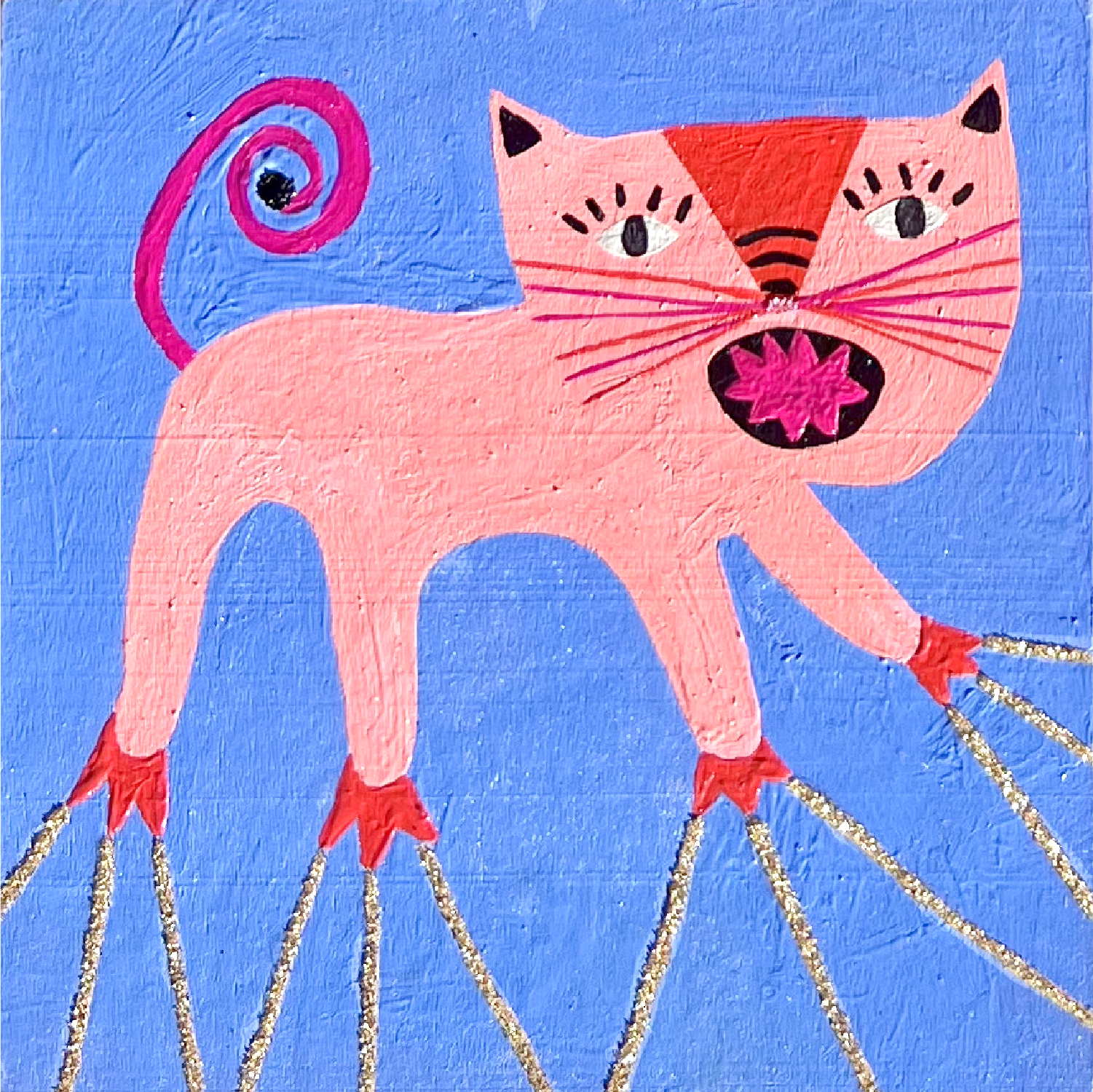 Colorful abstract painting of a cat on a blue background