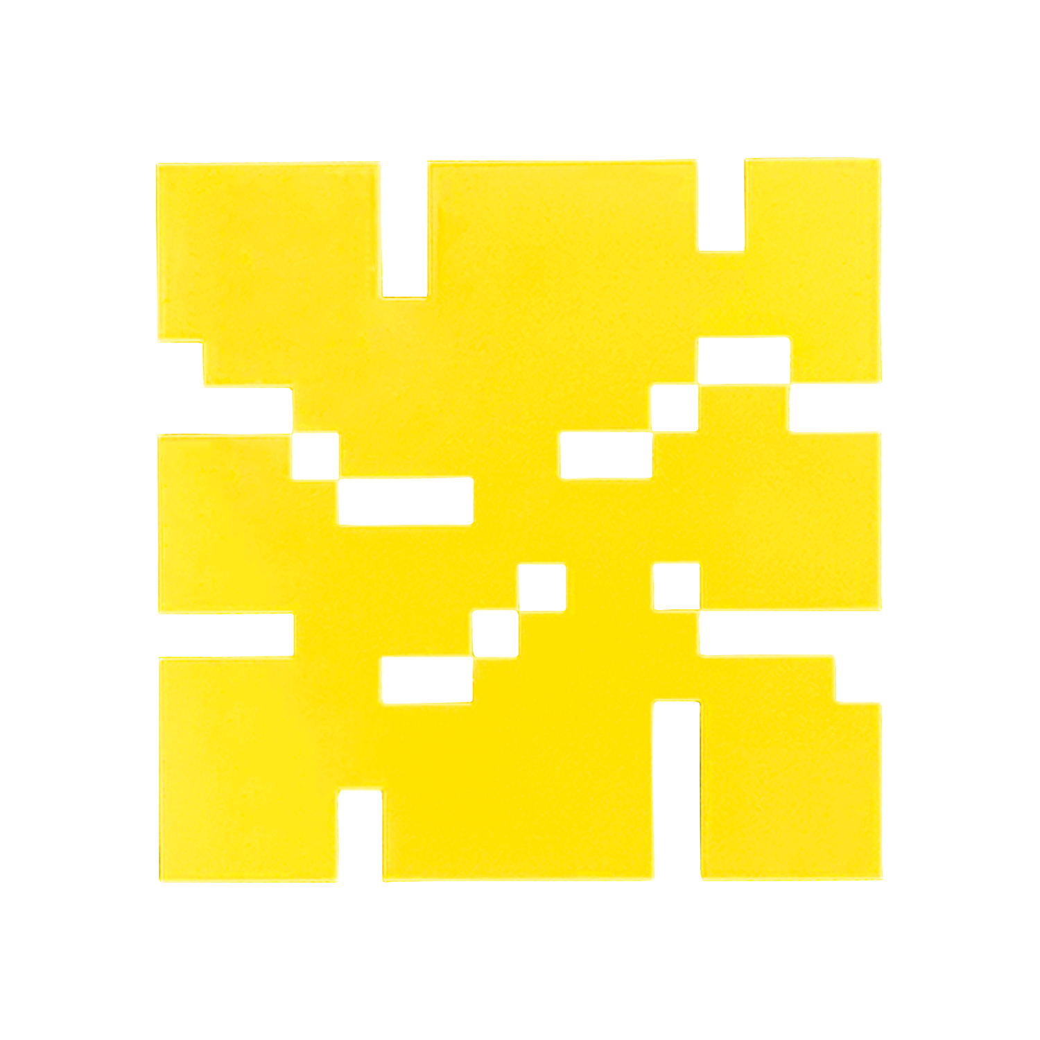Yellow pixelated square design on a white background