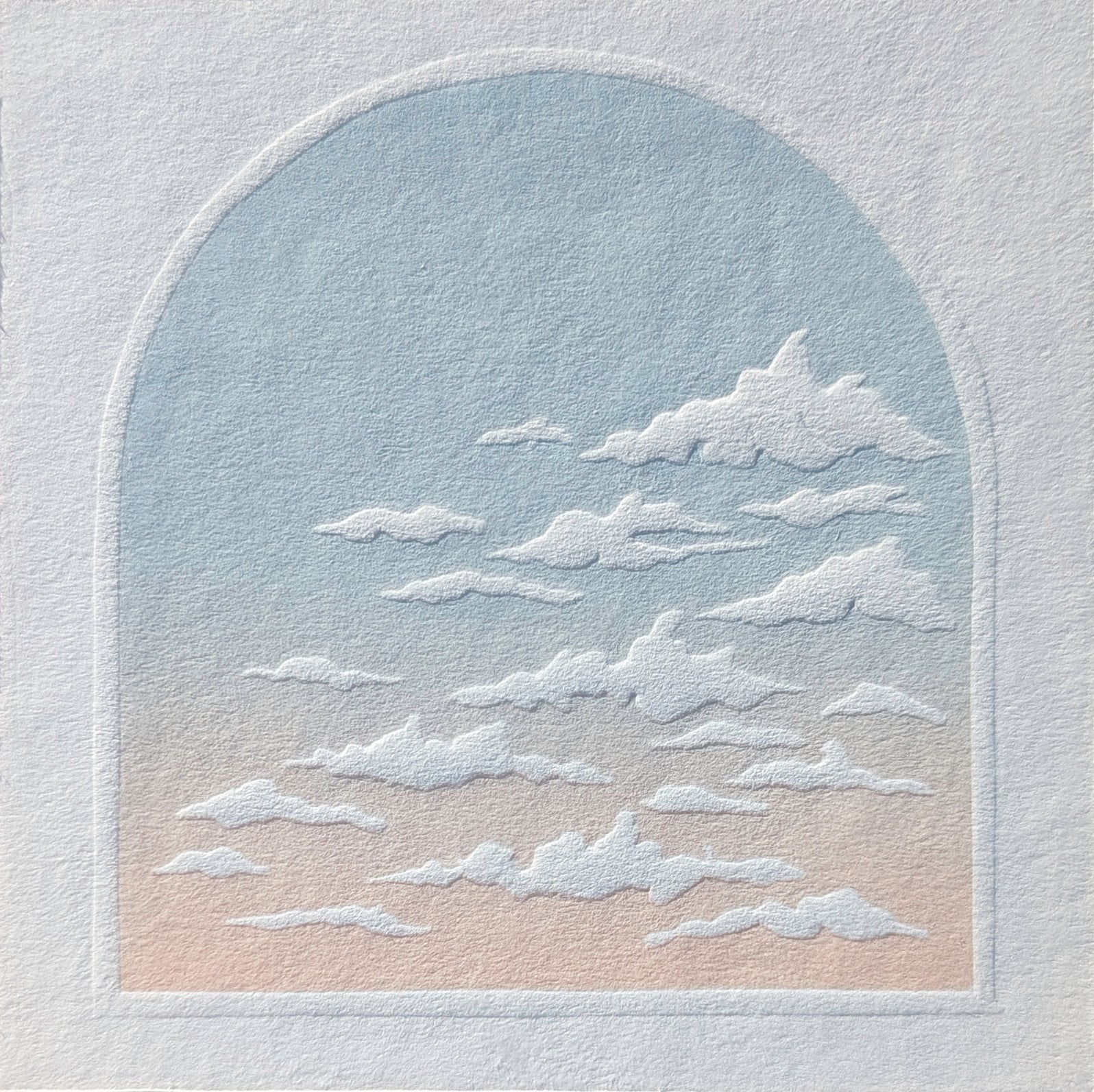 Artistic depiction of clouds in an arch on textured paper