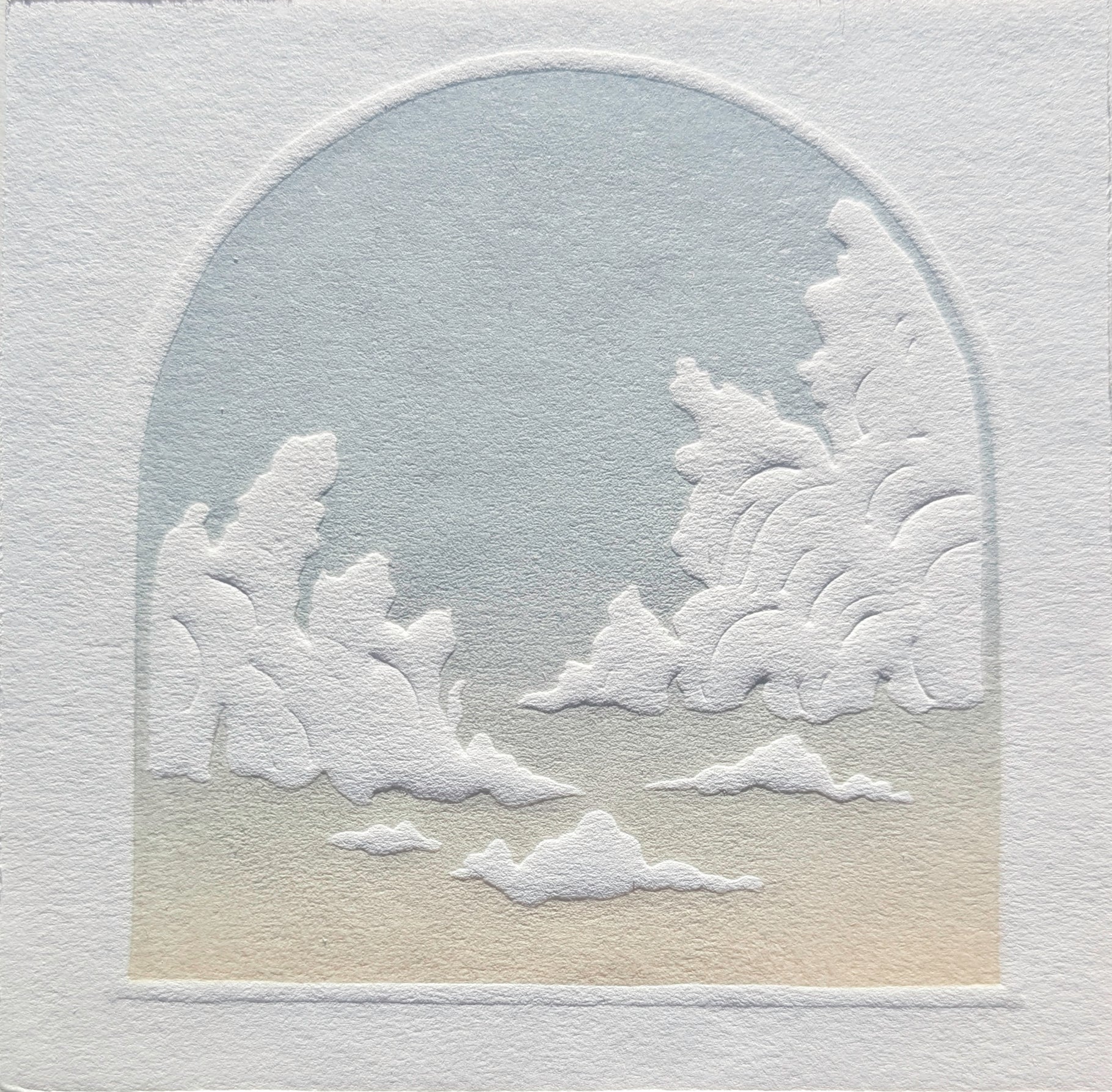 Textured paper cutout of a snowy landscape with trees and clouds.
