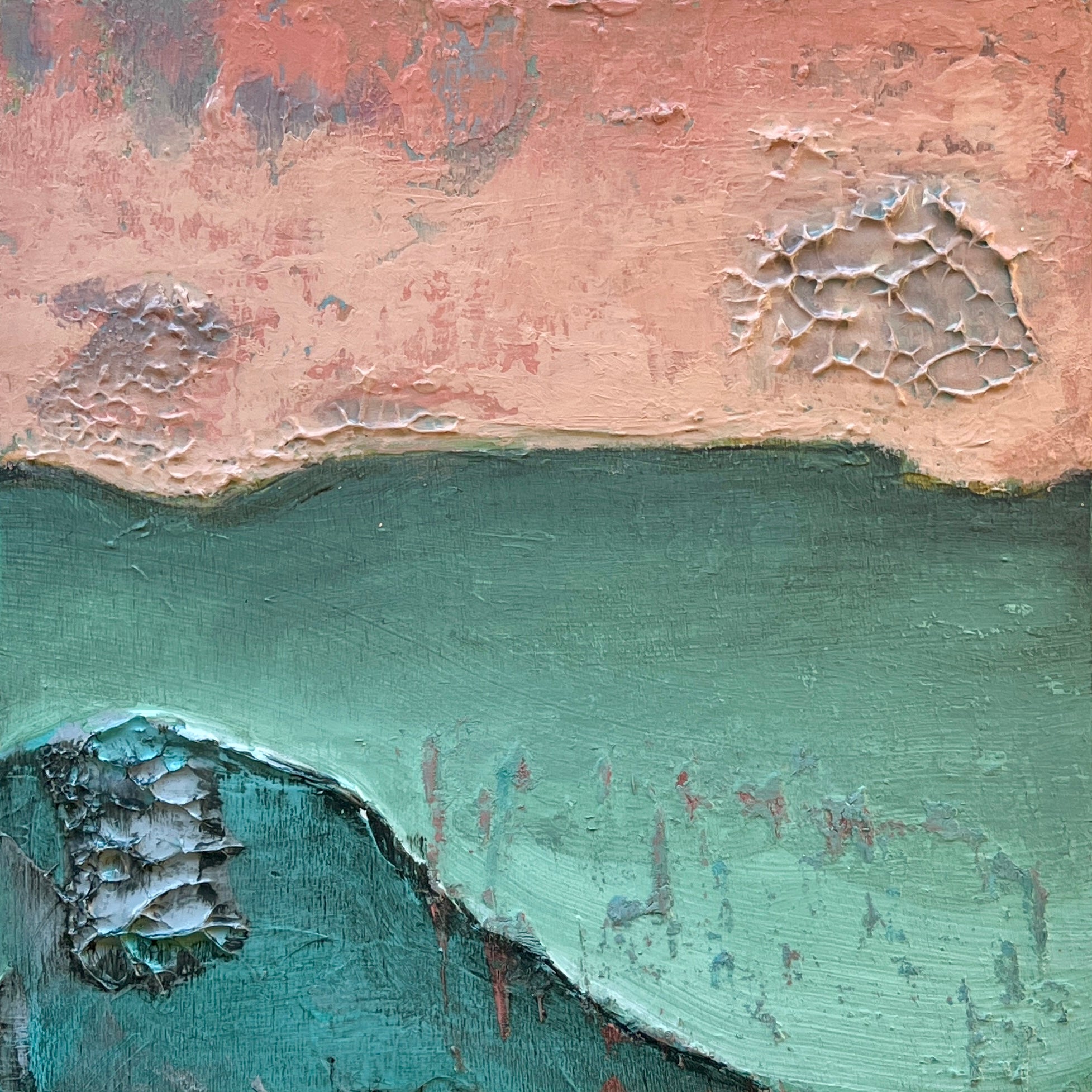 Abstract art with textured layers of pink, green, and brown.