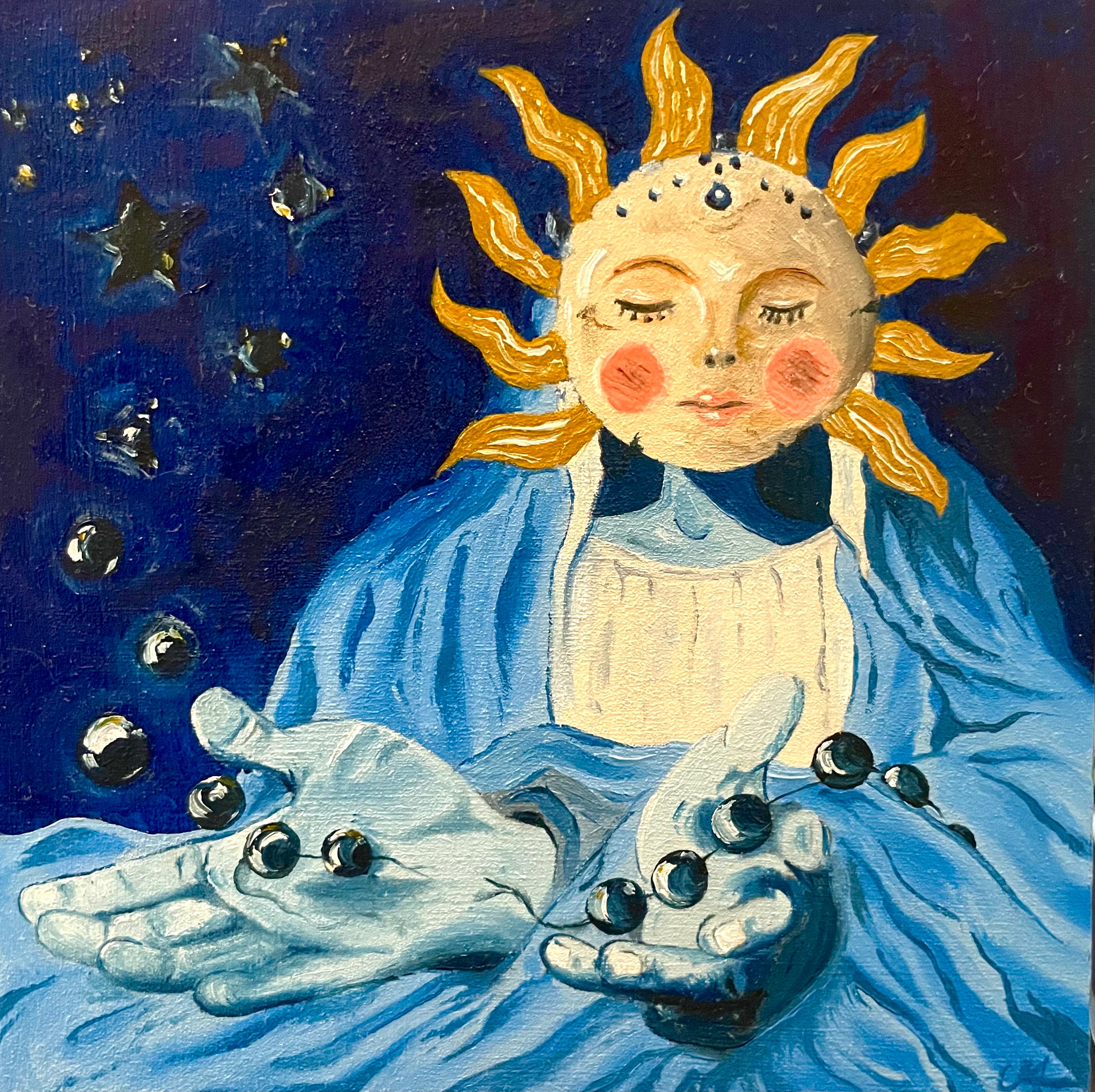 Surreal painting of a sun-like figure with a face, holding small black objects against a starry night sky.