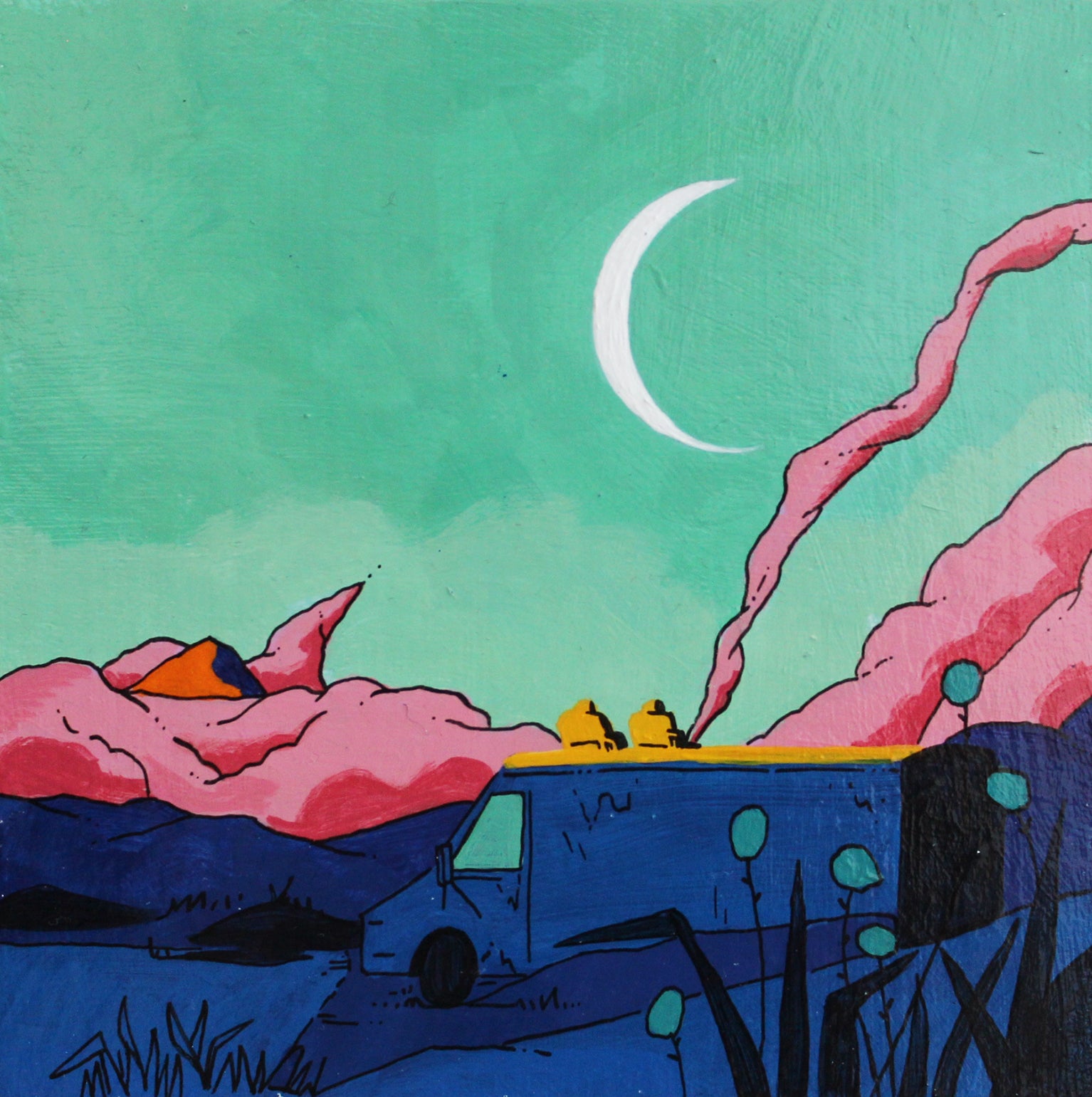 Illustration of a van with people on top, surrounded by pink clouds and a crescent moon.