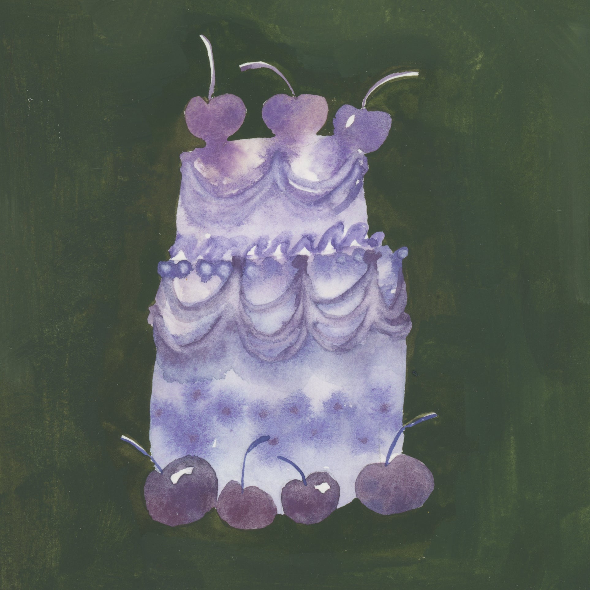 Watercolor illustration of a purple cake with cherries on a dark green background