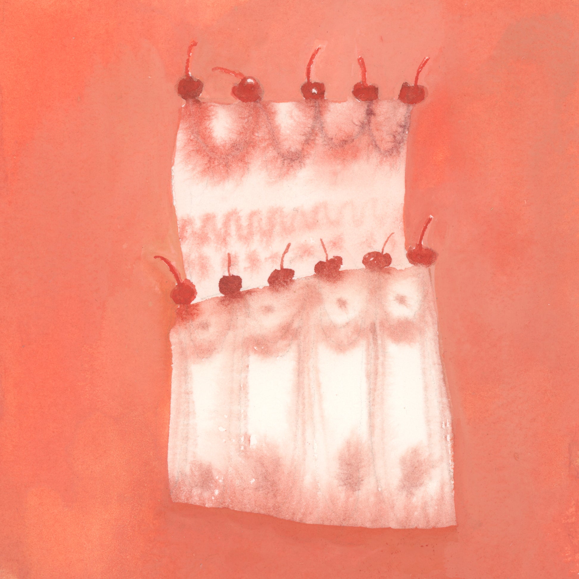 Illustration of a cake with cherries on top against a red background