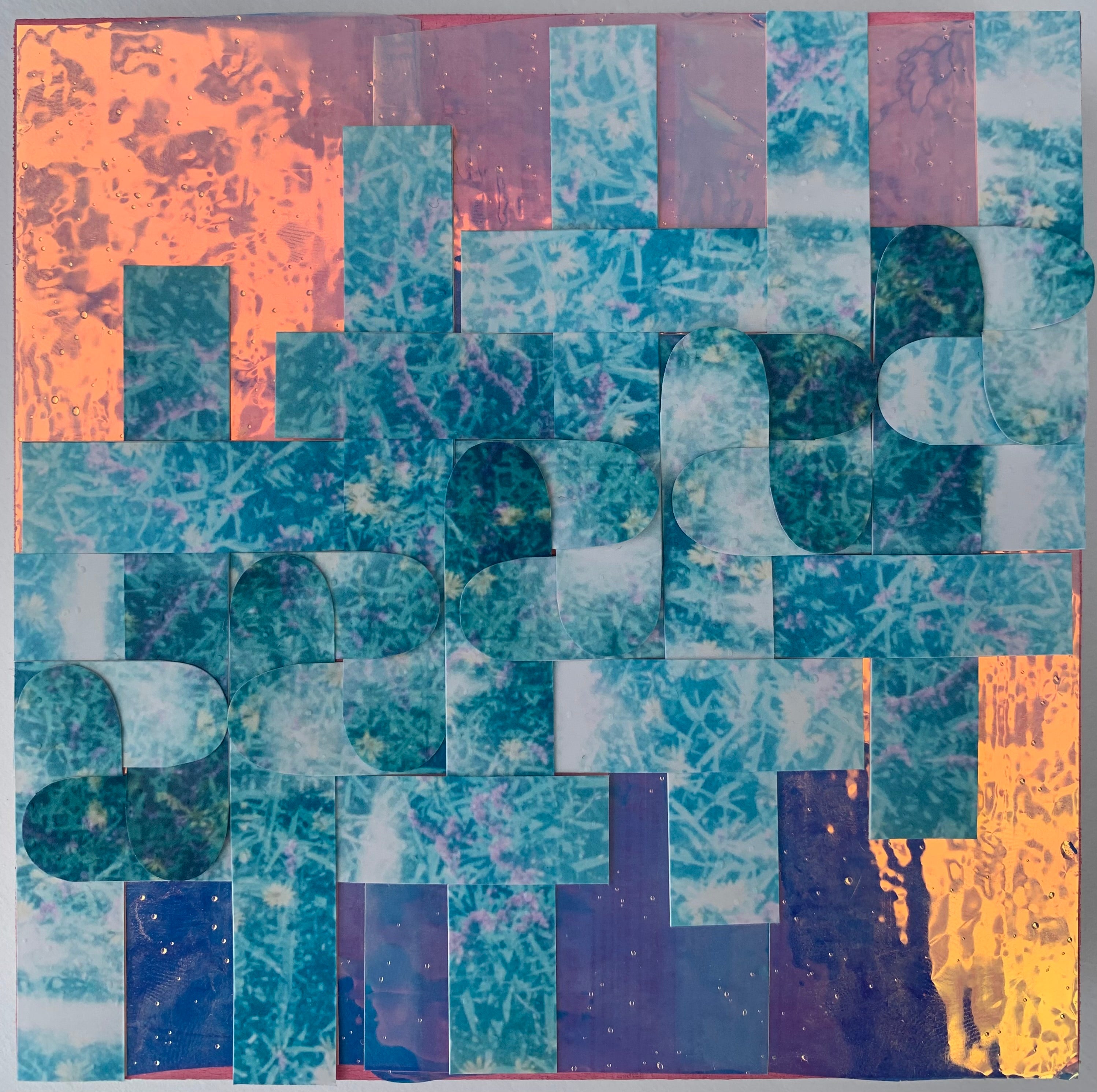 Abstract art piece with geometric shapes in blue, purple, and orange.