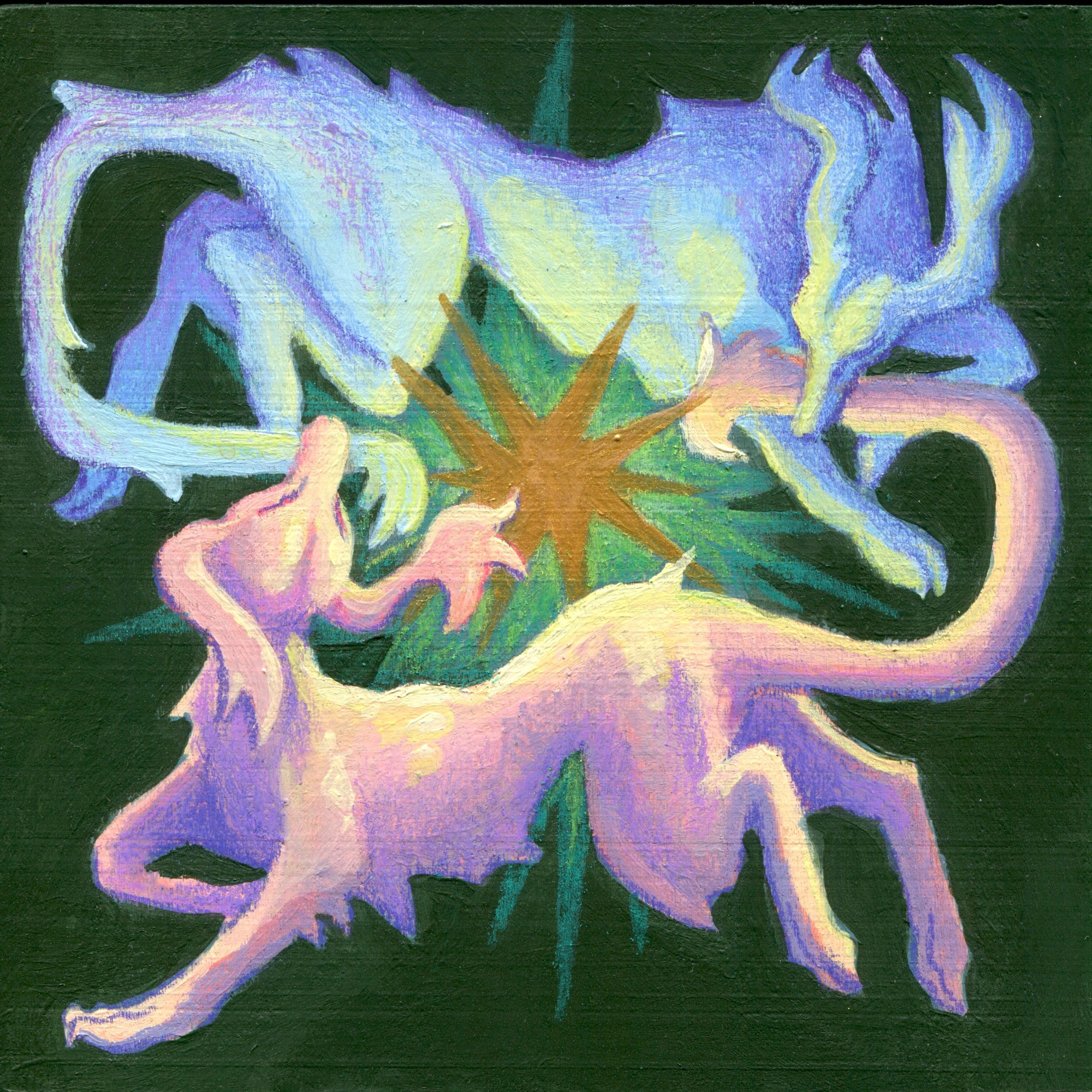 Two colorful, abstract creatures on a dark green background