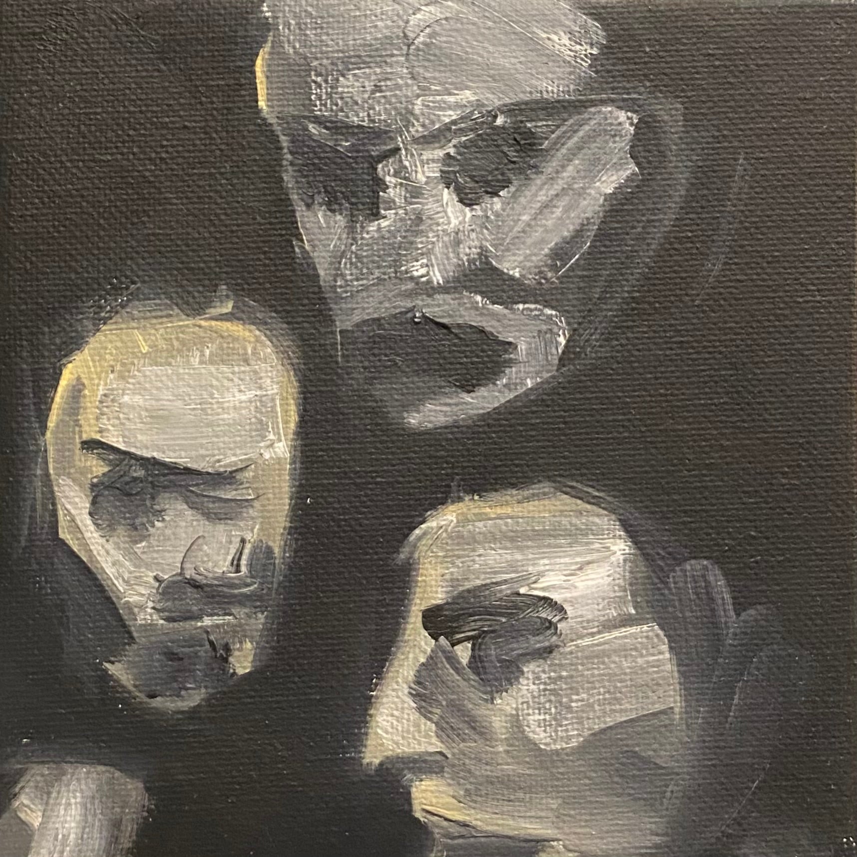 Abstract painting of three faces with a dark background
