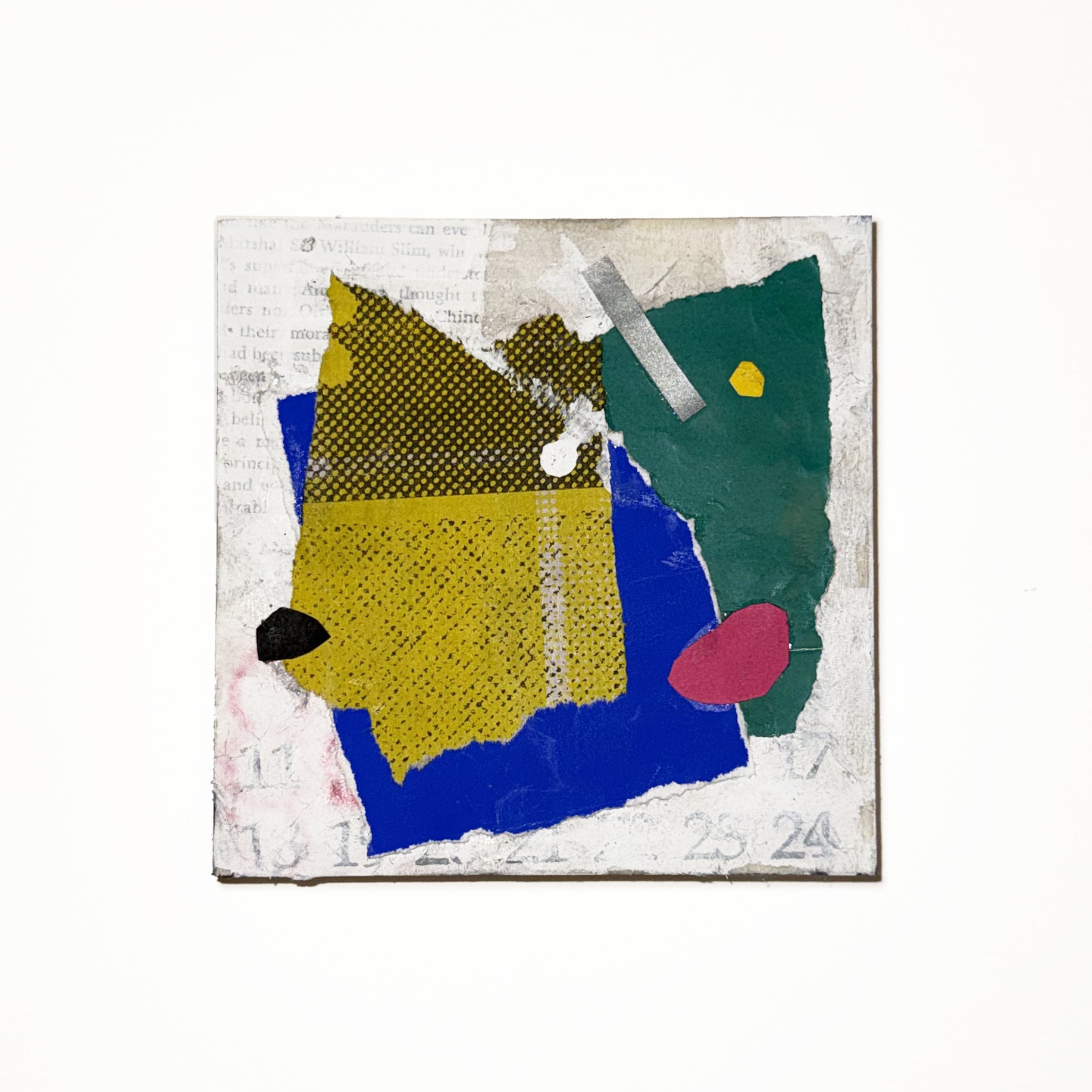 Abstract art piece with colorful shapes on a textured white background