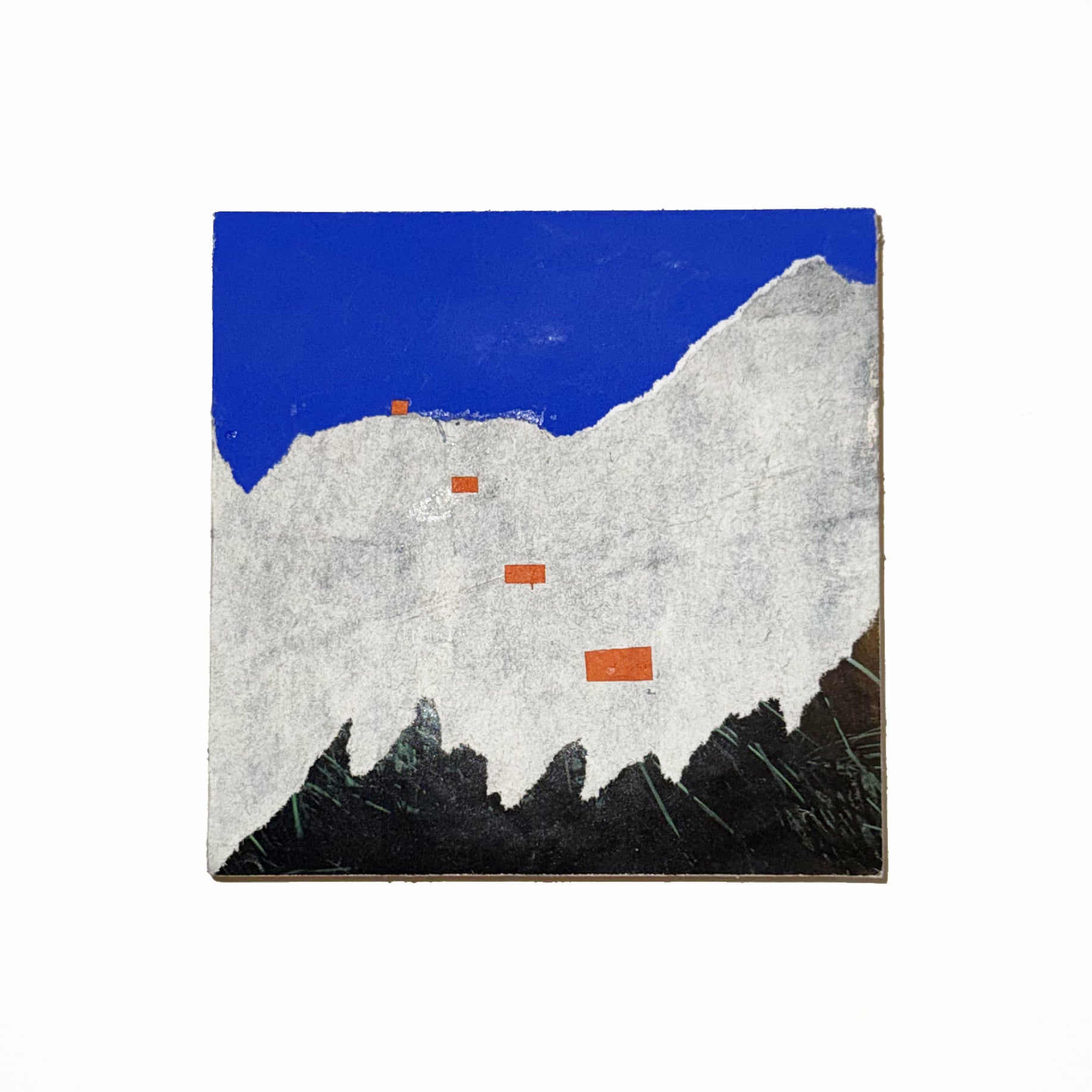 Abstract artwork with a blue sky, white cloud-like shape, and orange rectangles on a white background