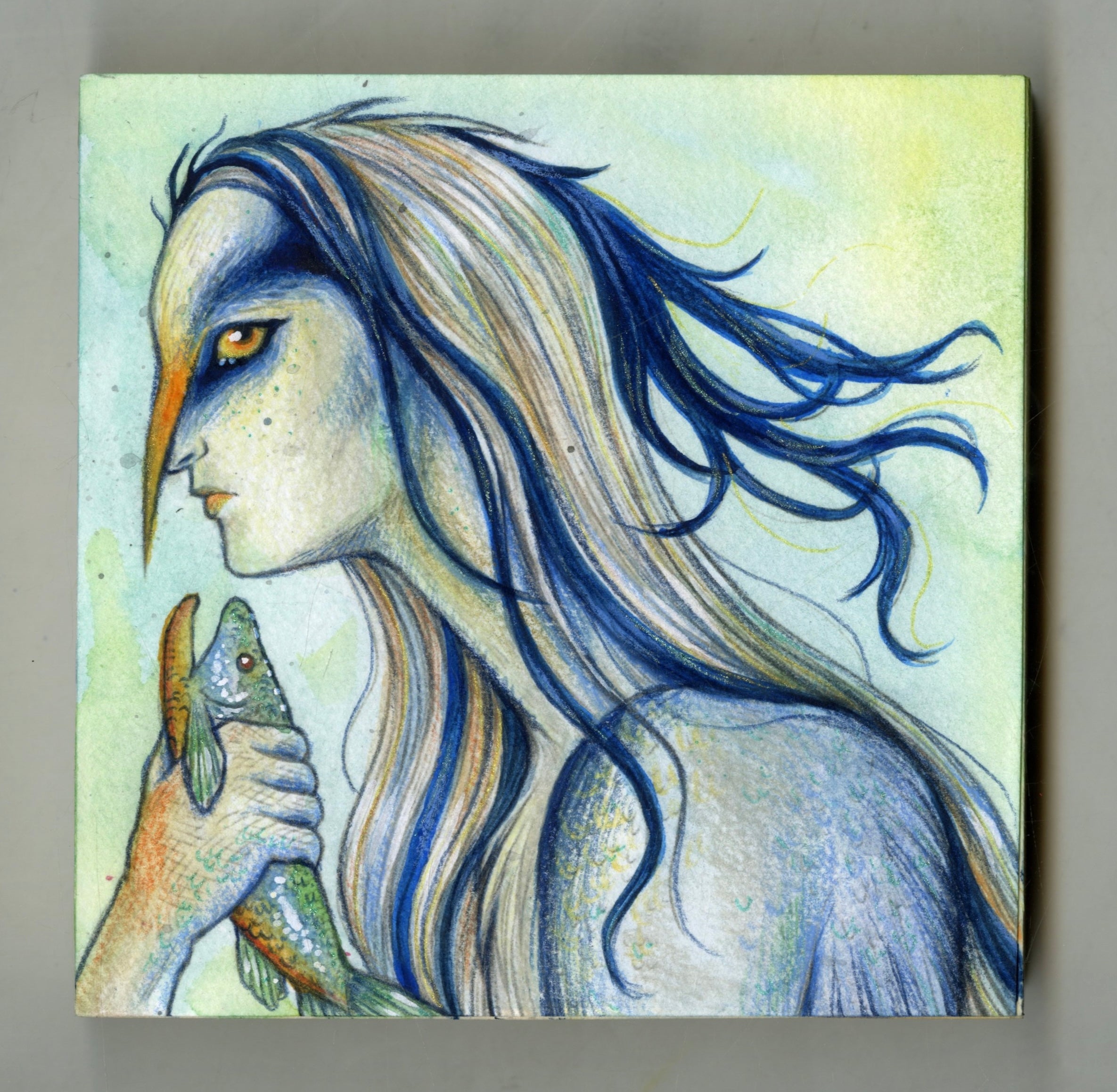 Artistic depiction of a person with long hair holding a fish, on a textured surface.