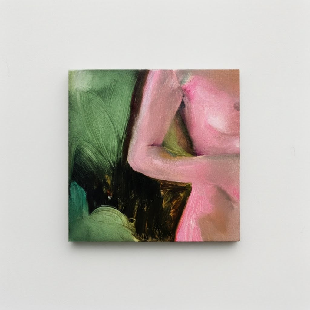 Abstract painting of a pink figure against a green and black background on a light gray surface.