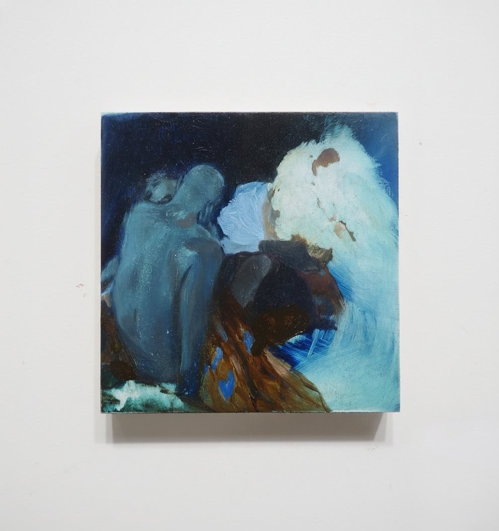 Small painting of a hooded figure with a horse against a night sky.