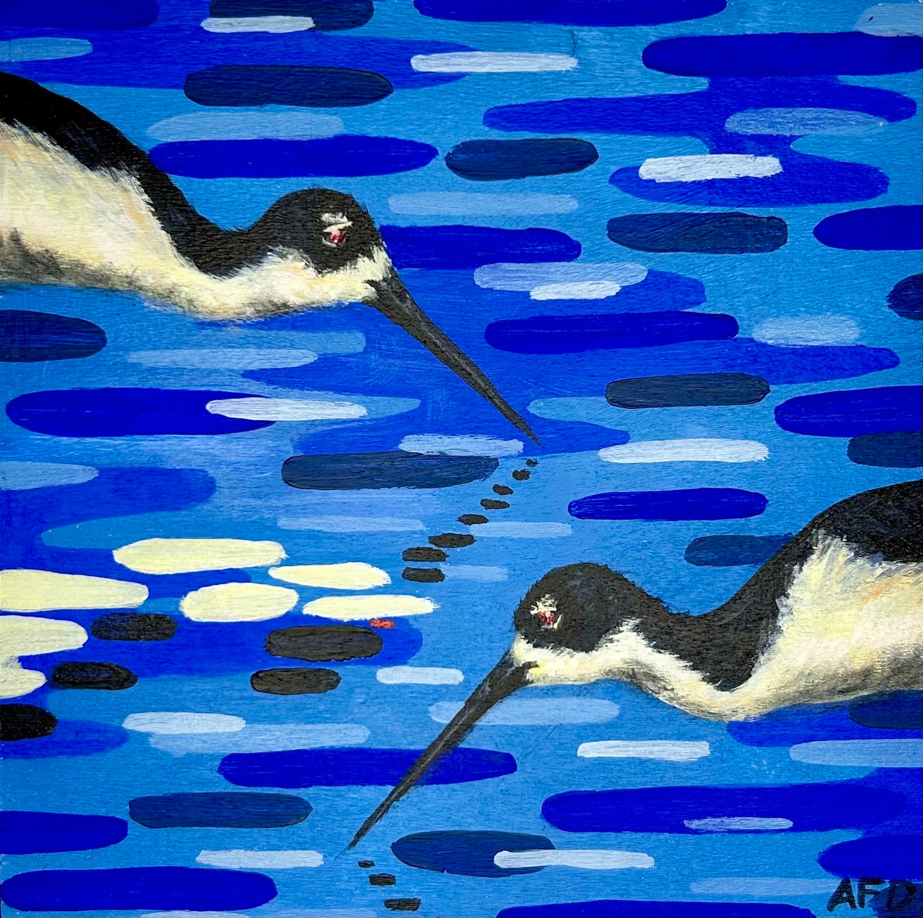 Two black and white birds with long beaks swimming in a blue water pattern.