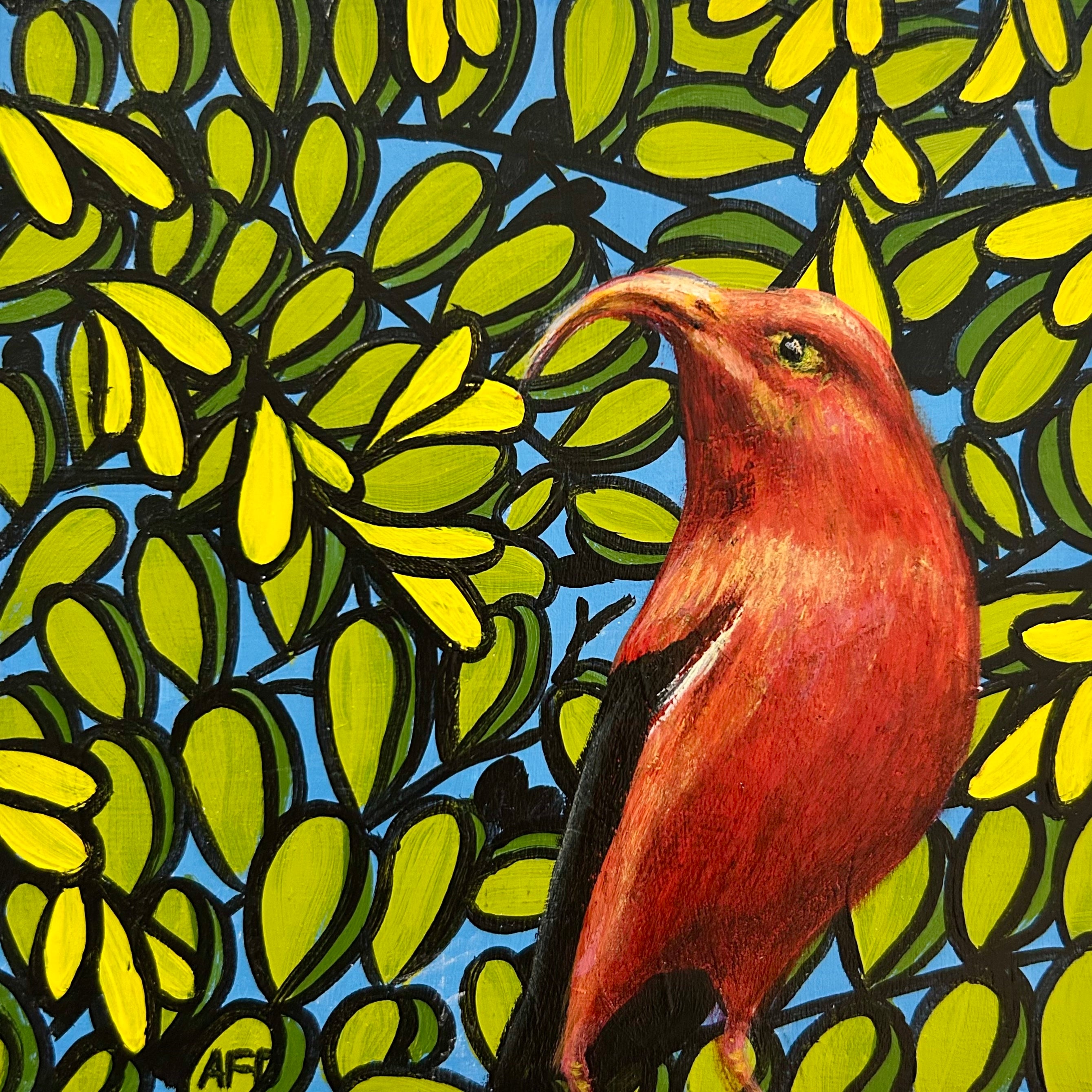 Red bird with a long beak among green leaves on a blue background