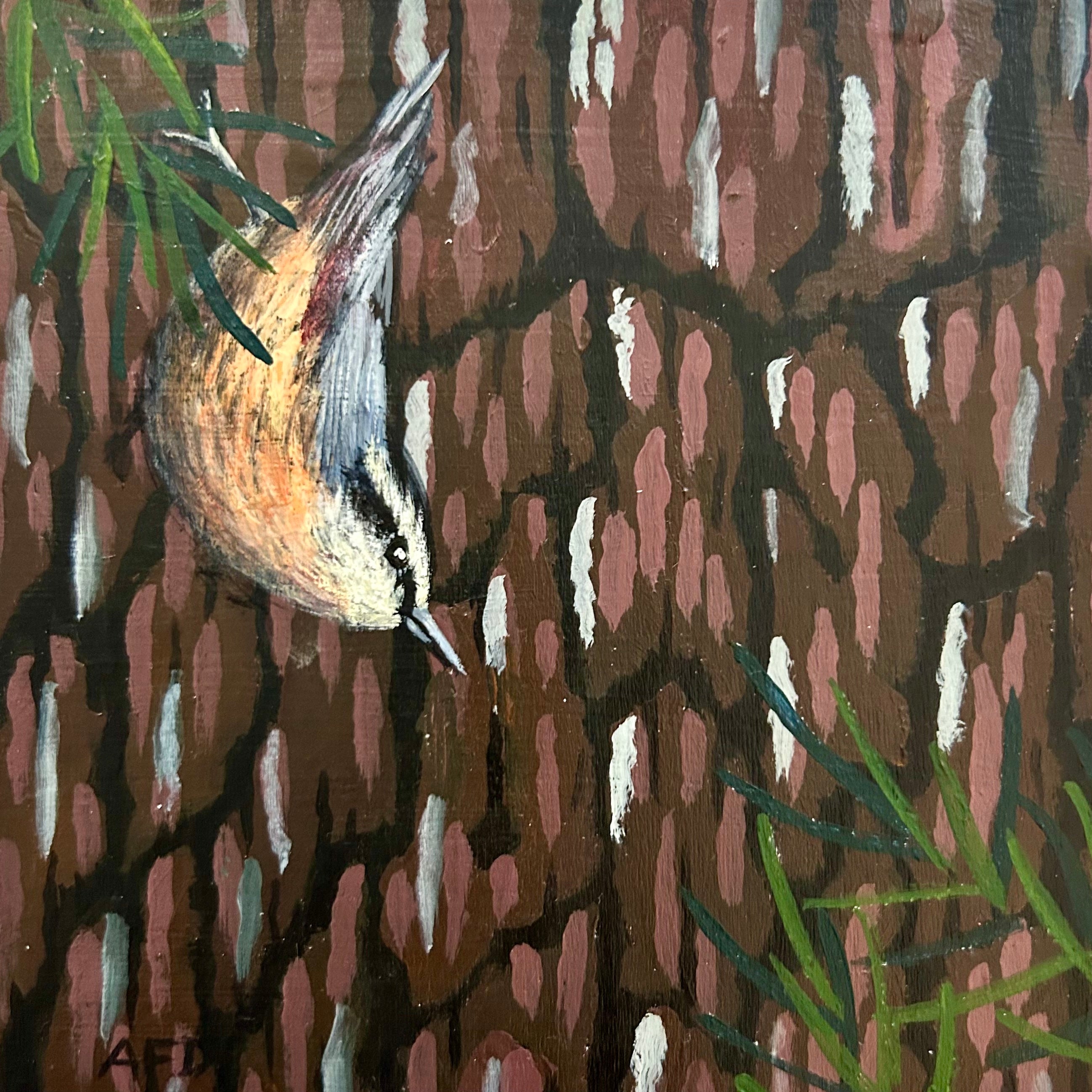 Artistic depiction of a bird perched on a branch with a natural background