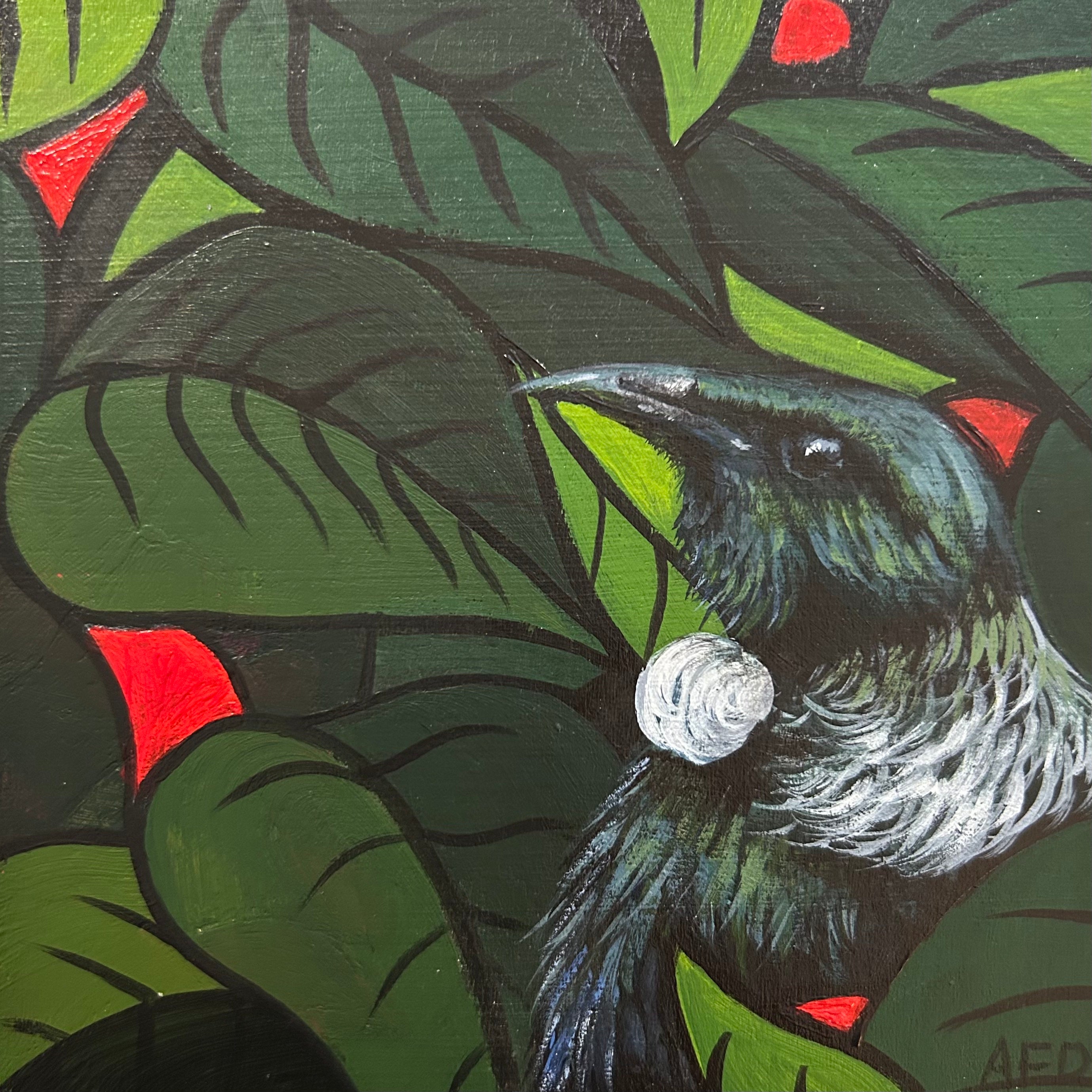 Artistic depiction of a bird among green leaves with red accents