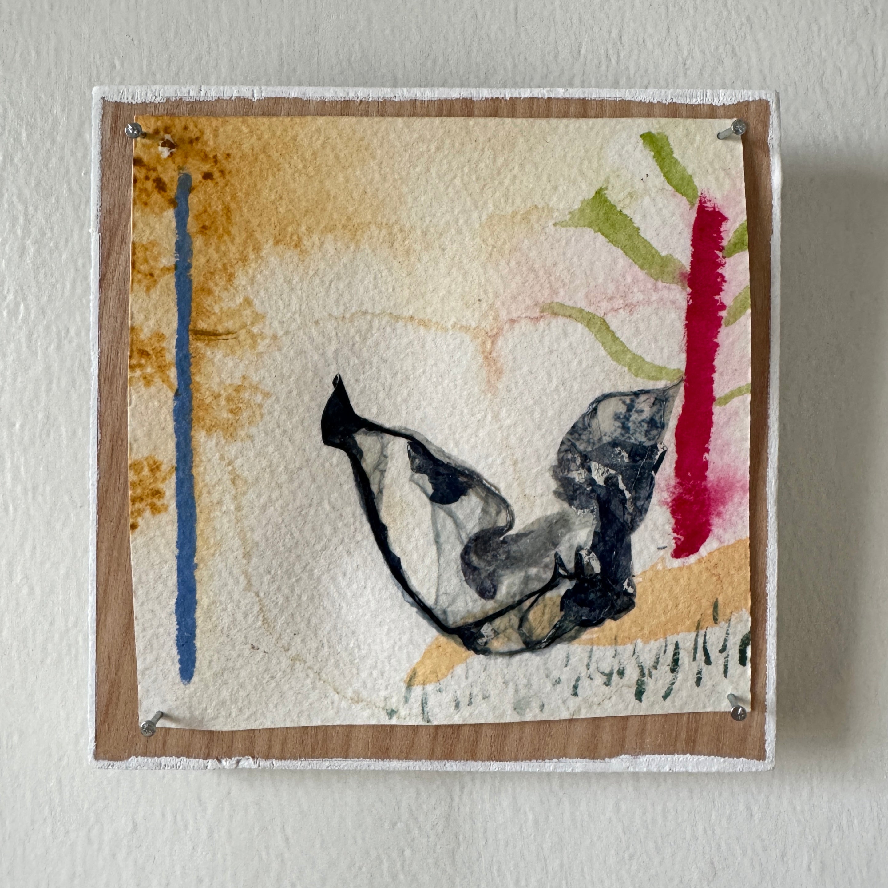 Abstract artwork with a black figure on a textured beige background