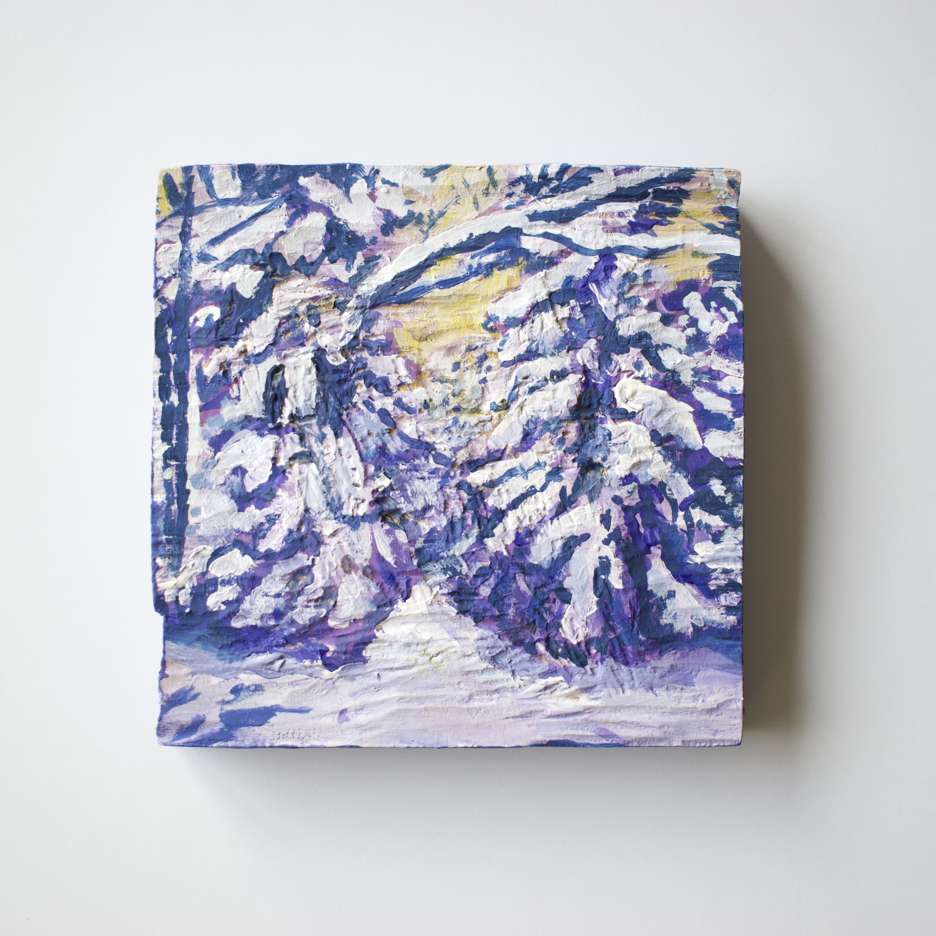 Abstract painting with purple, blue, and yellow hues on a white background