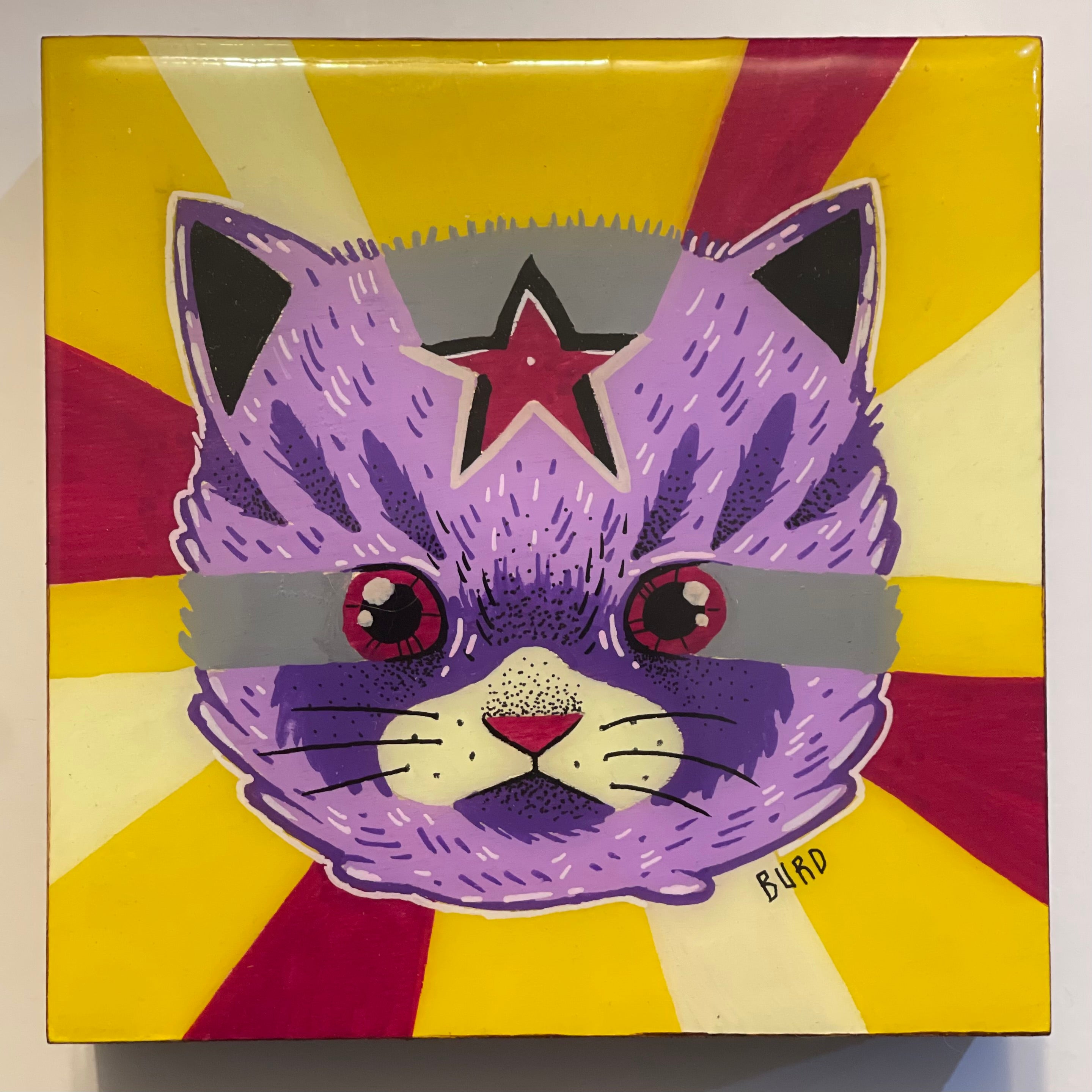 Purple cat mask with red star on a yellow and red striped background