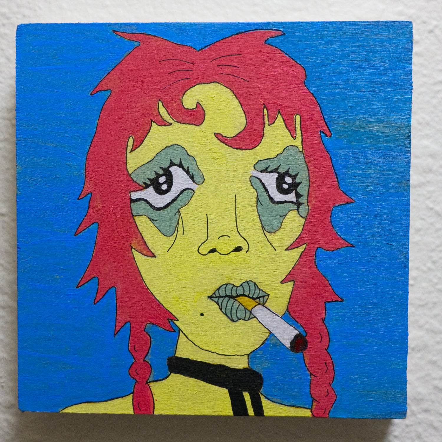 Surrealistic painting of a character with red hair and green face on a blue background