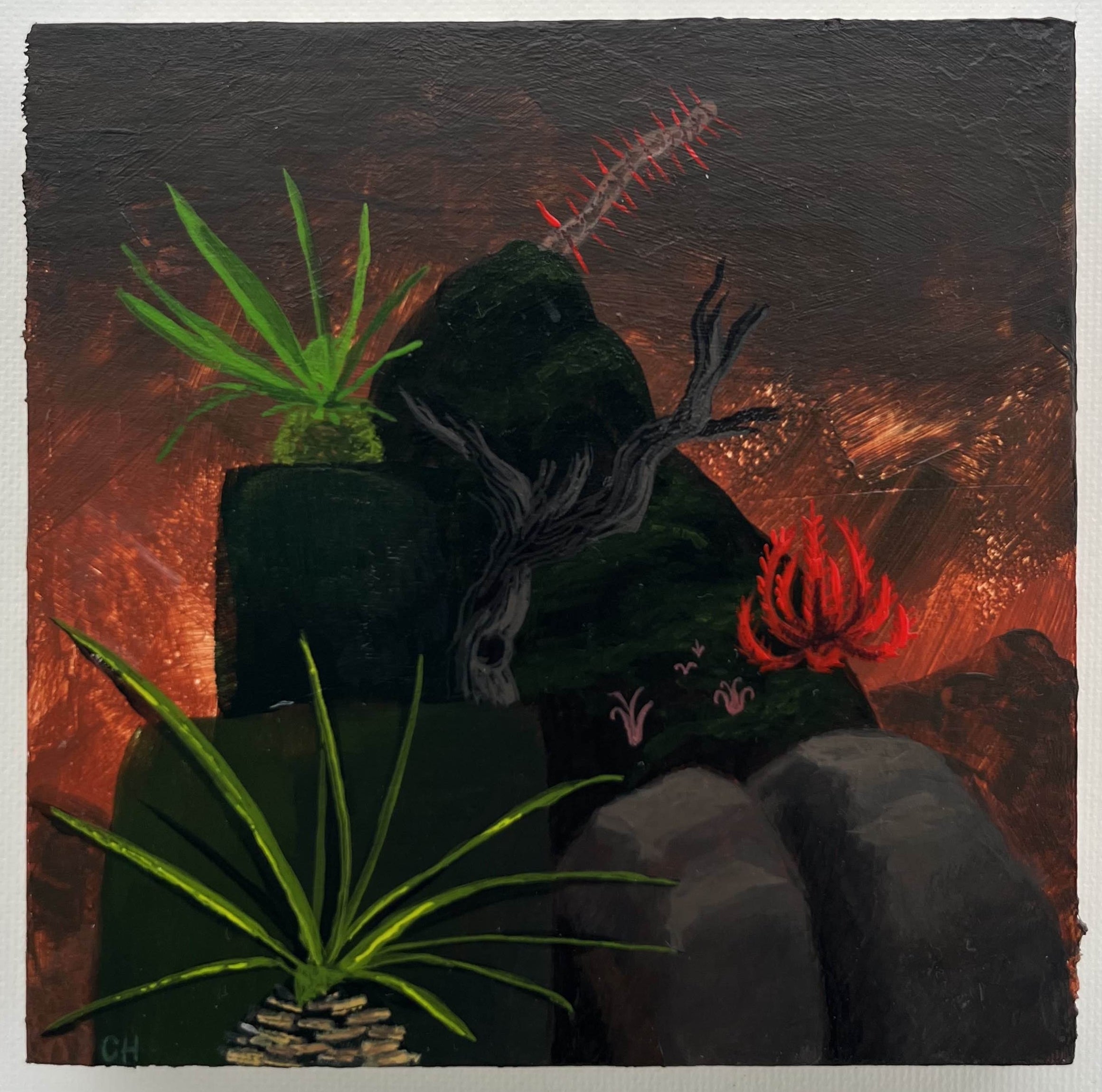 Artistic depiction of a figure with plant-like appendages against a dark, fiery background