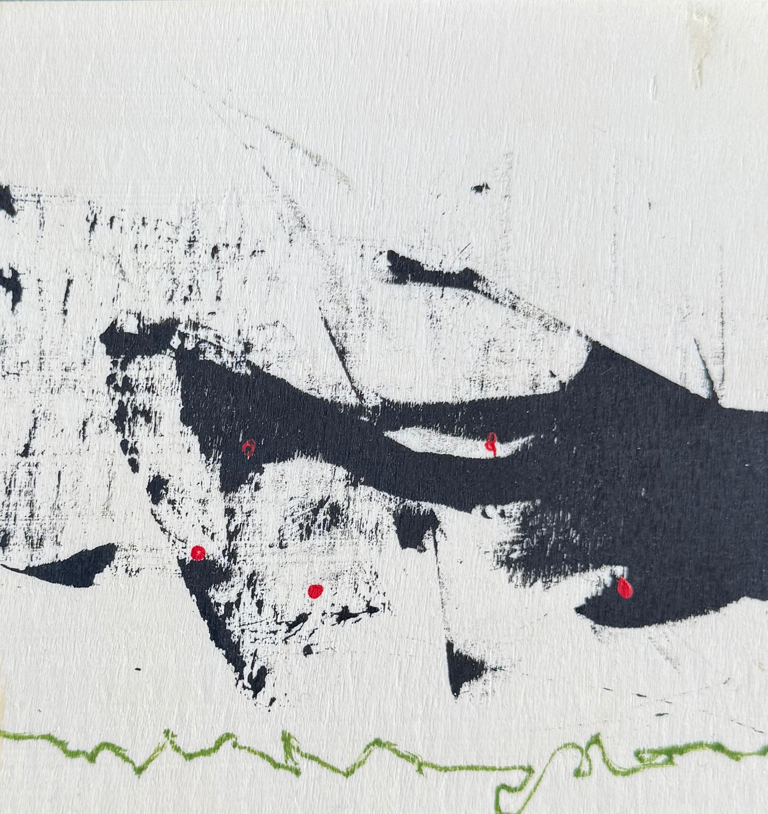 Abstract artwork with black and red shapes on a textured white background