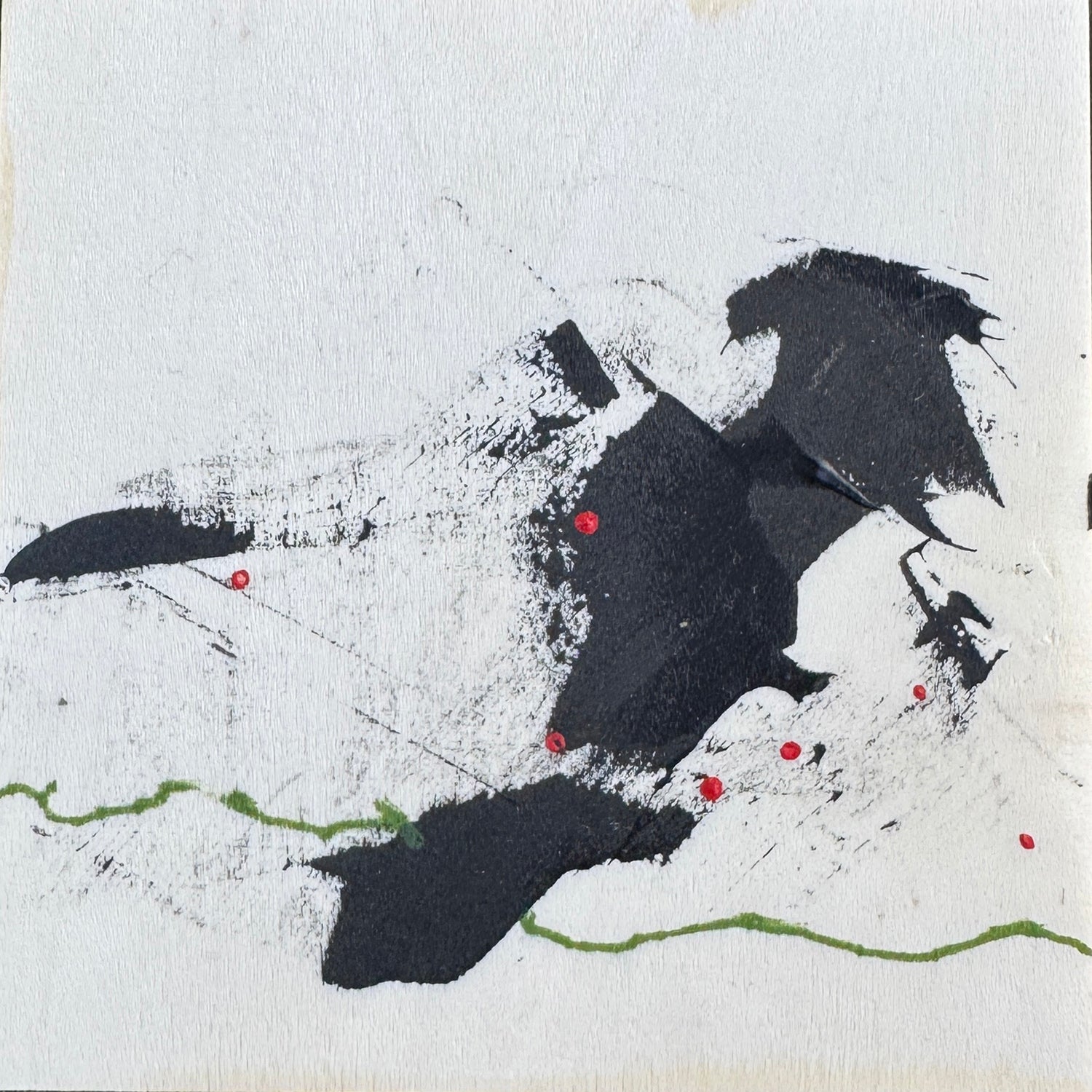 Abstract art with black shapes, red dots, and green lines on a textured white background