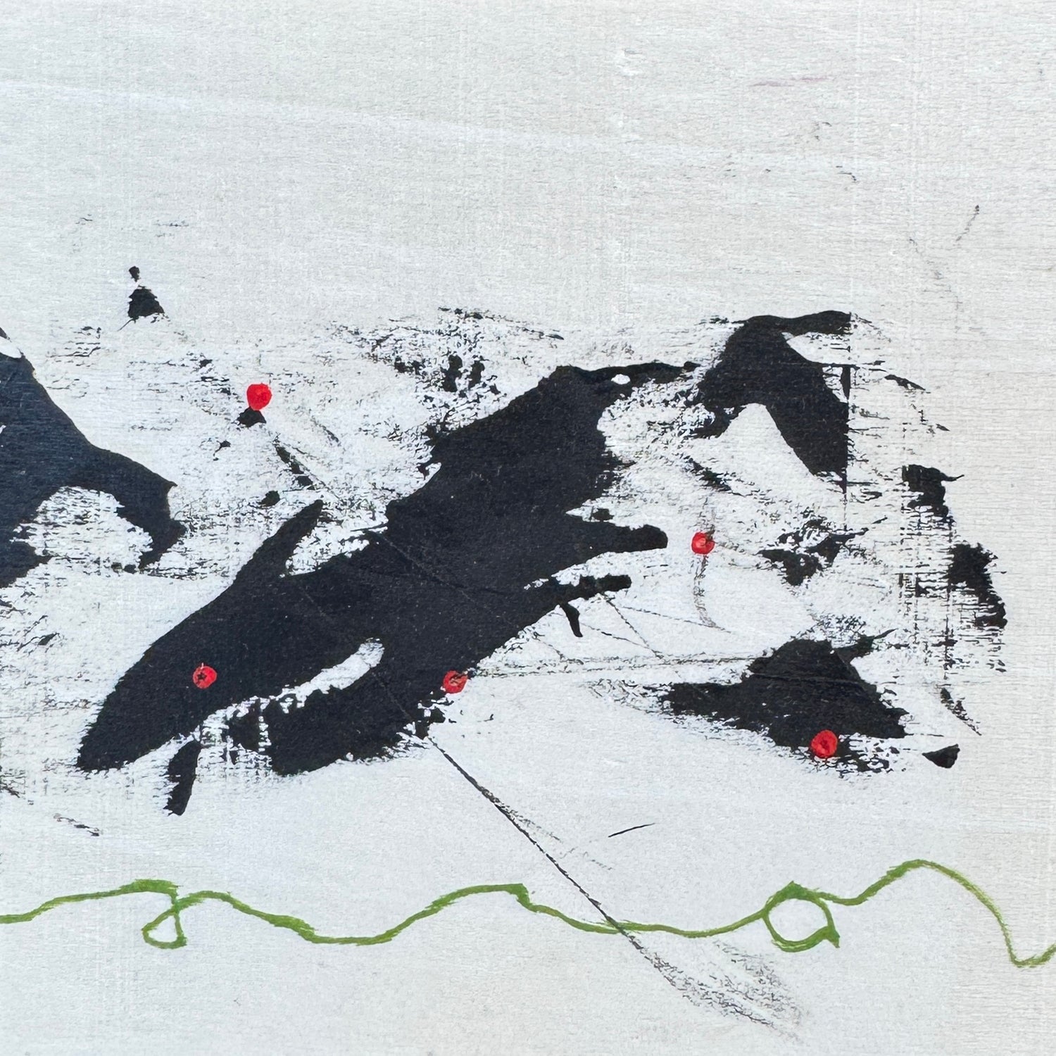 Abstract art with black shapes and red dots on a textured white background