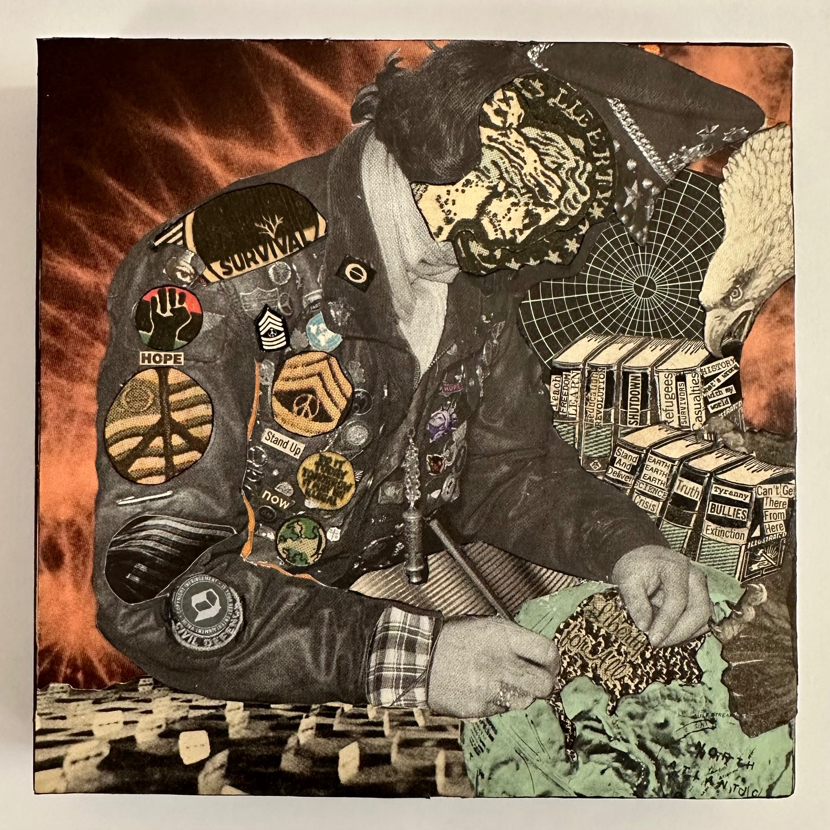 Collage of a person wearing a jacket with patches and holding a box labeled 'Bullets'.