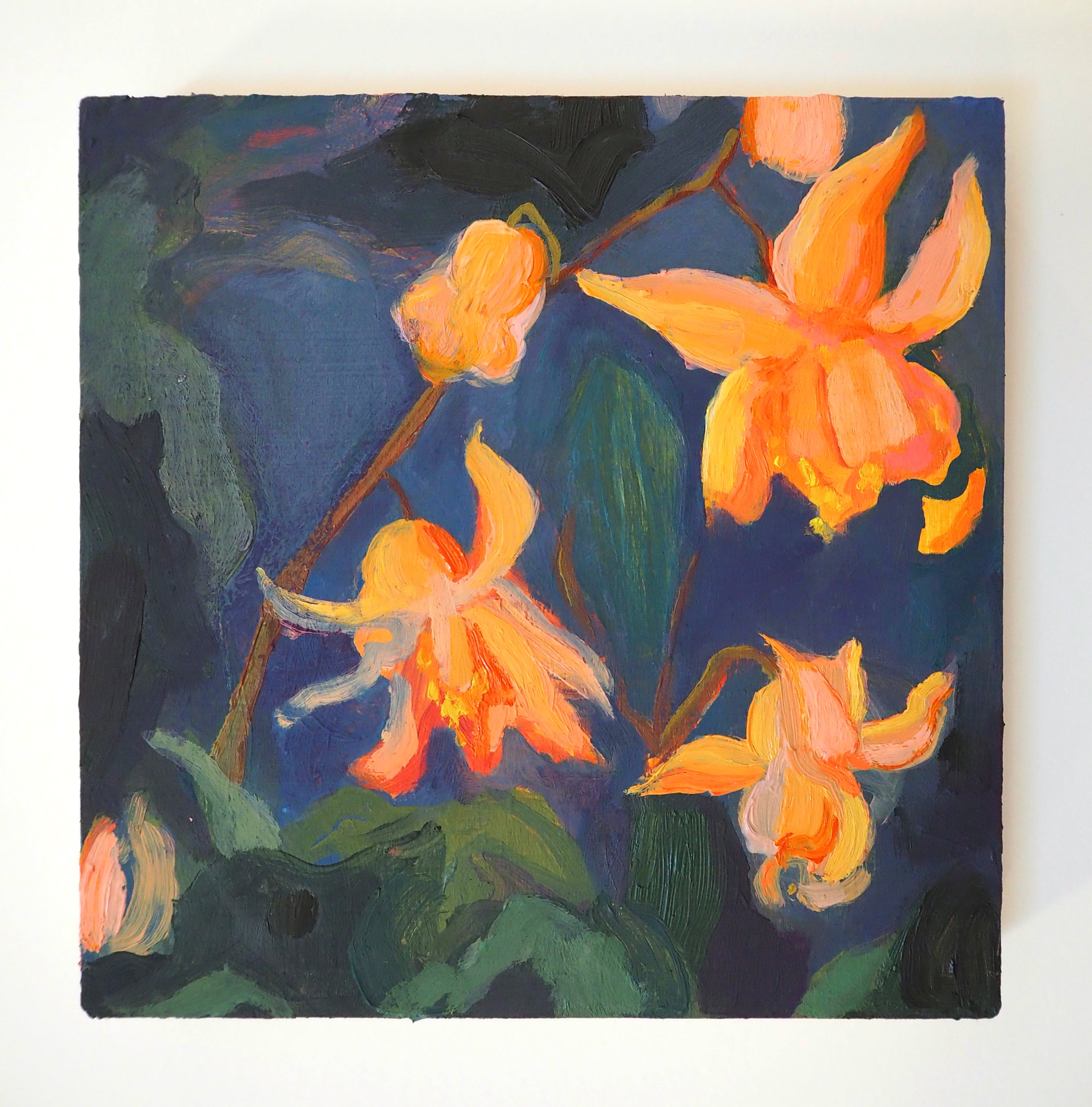 Painting of orange flowers on a dark blue background