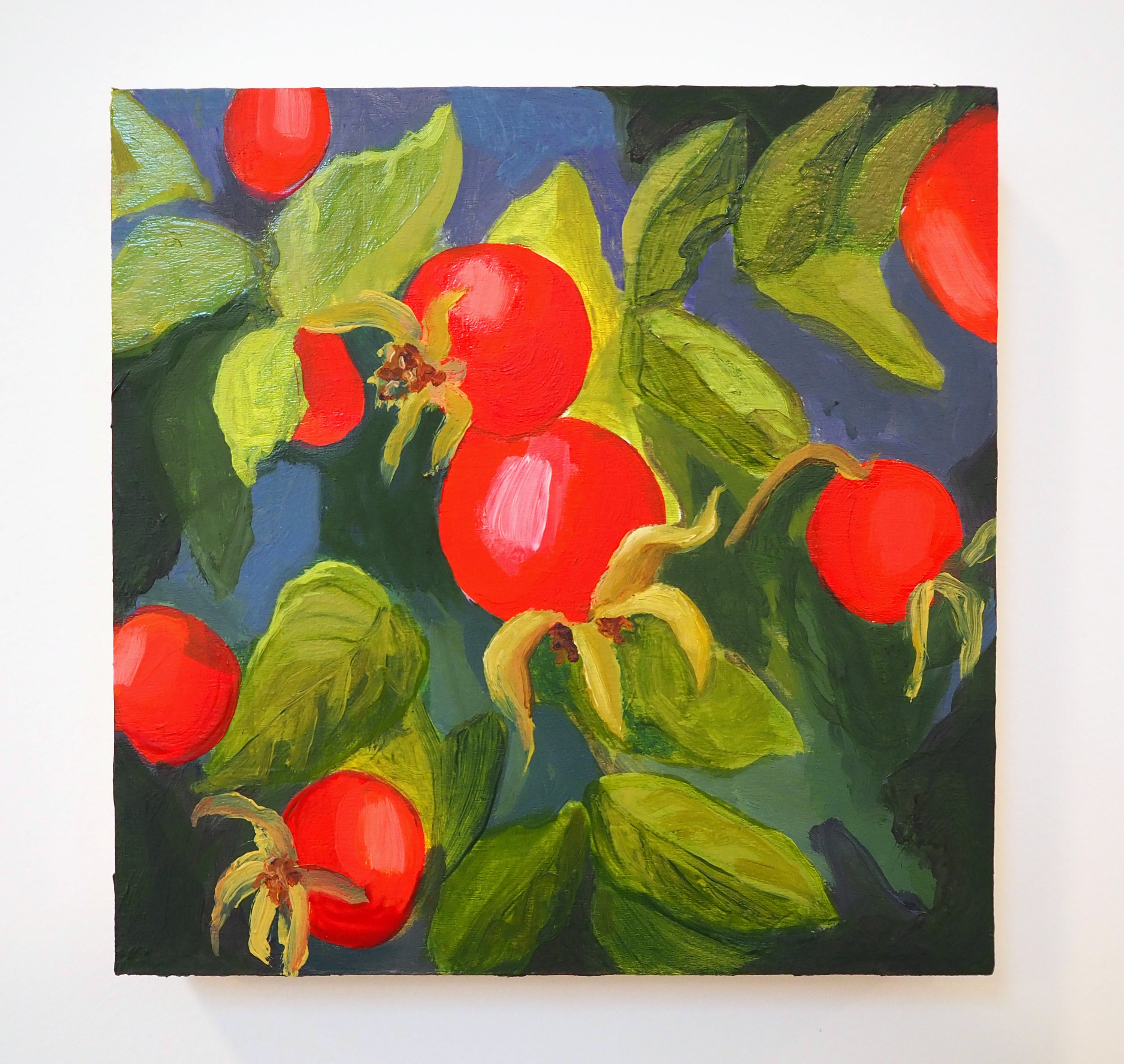 Painting of red berries with green leaves on a dark background