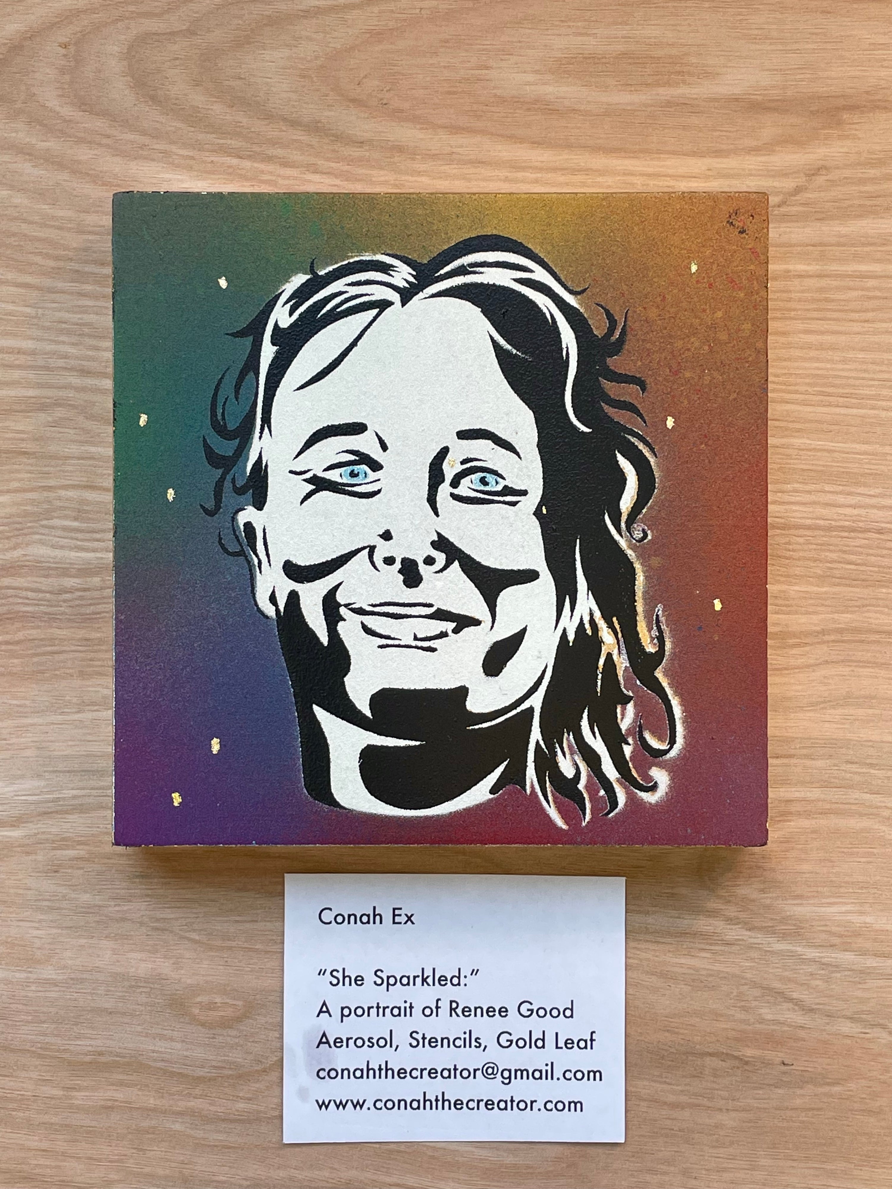 Stylized portrait on a colorful background with a business card below