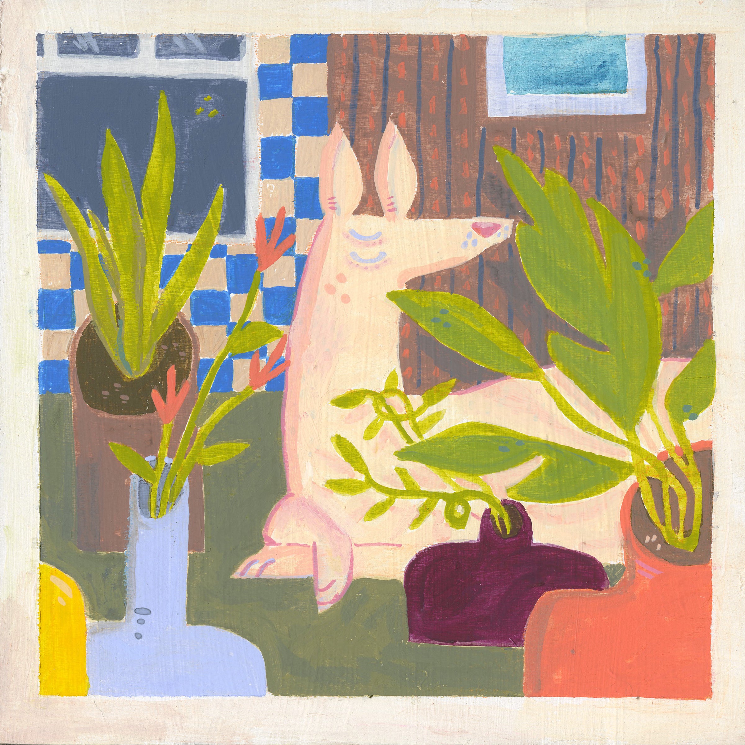 Illustration of a rabbit among potted plants with a checkered wall and window in the background.