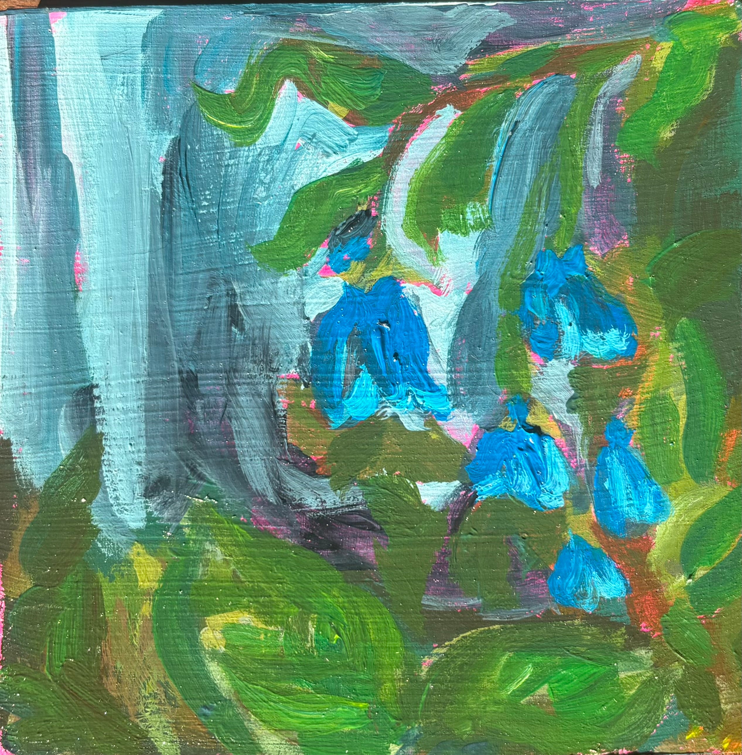 Abstract painting with blue flowers and green leaves